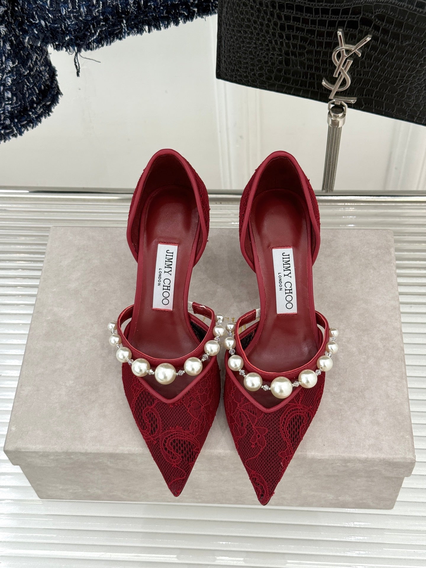 JIMMY CHOO 26S HIGH HEELS 65 MM IN DARK RED LACE PEARL-EMBELLISHED