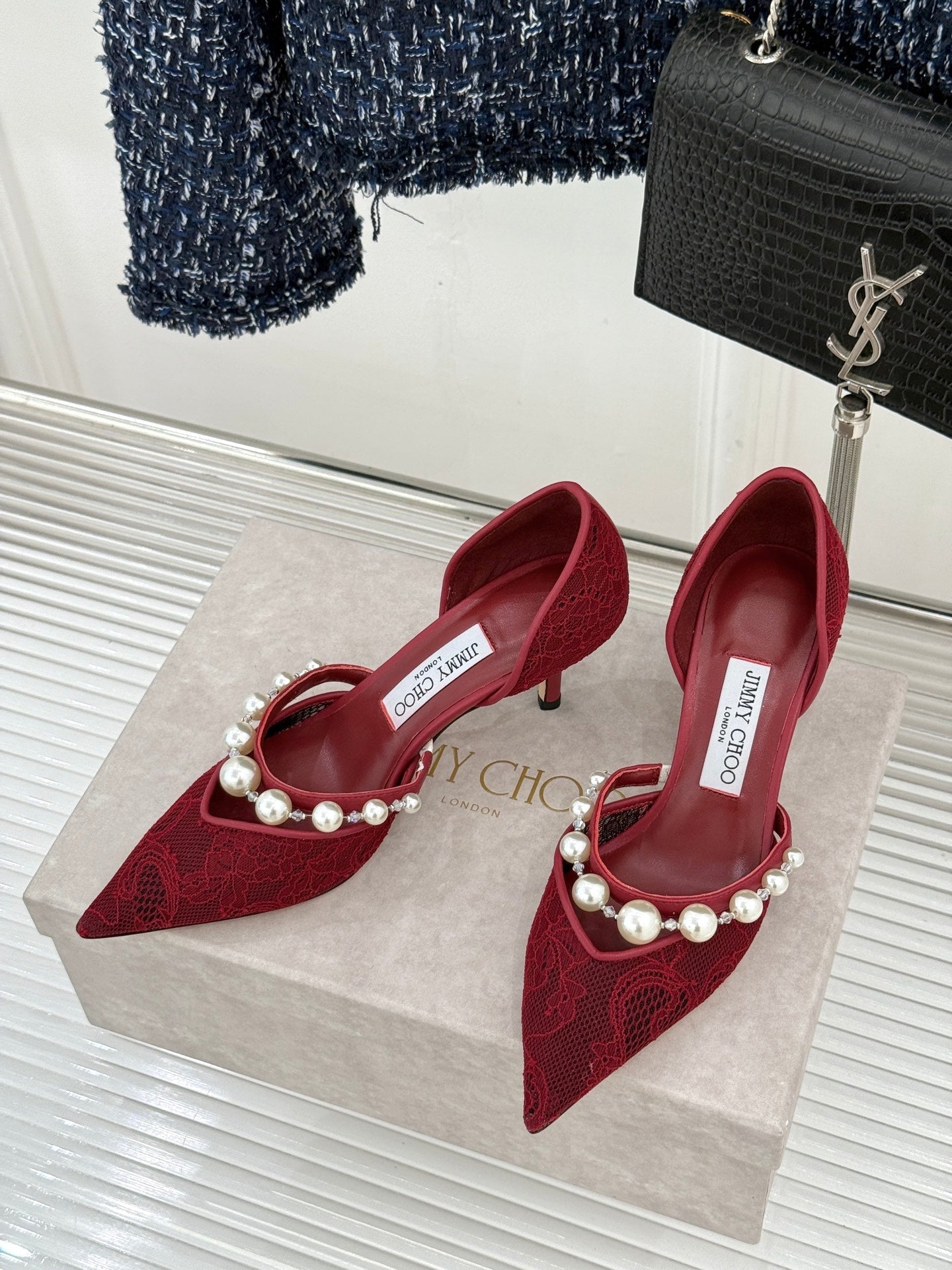 JIMMY CHOO 26S HIGH HEELS 65 MM IN DARK RED LACE PEARL-EMBELLISHED