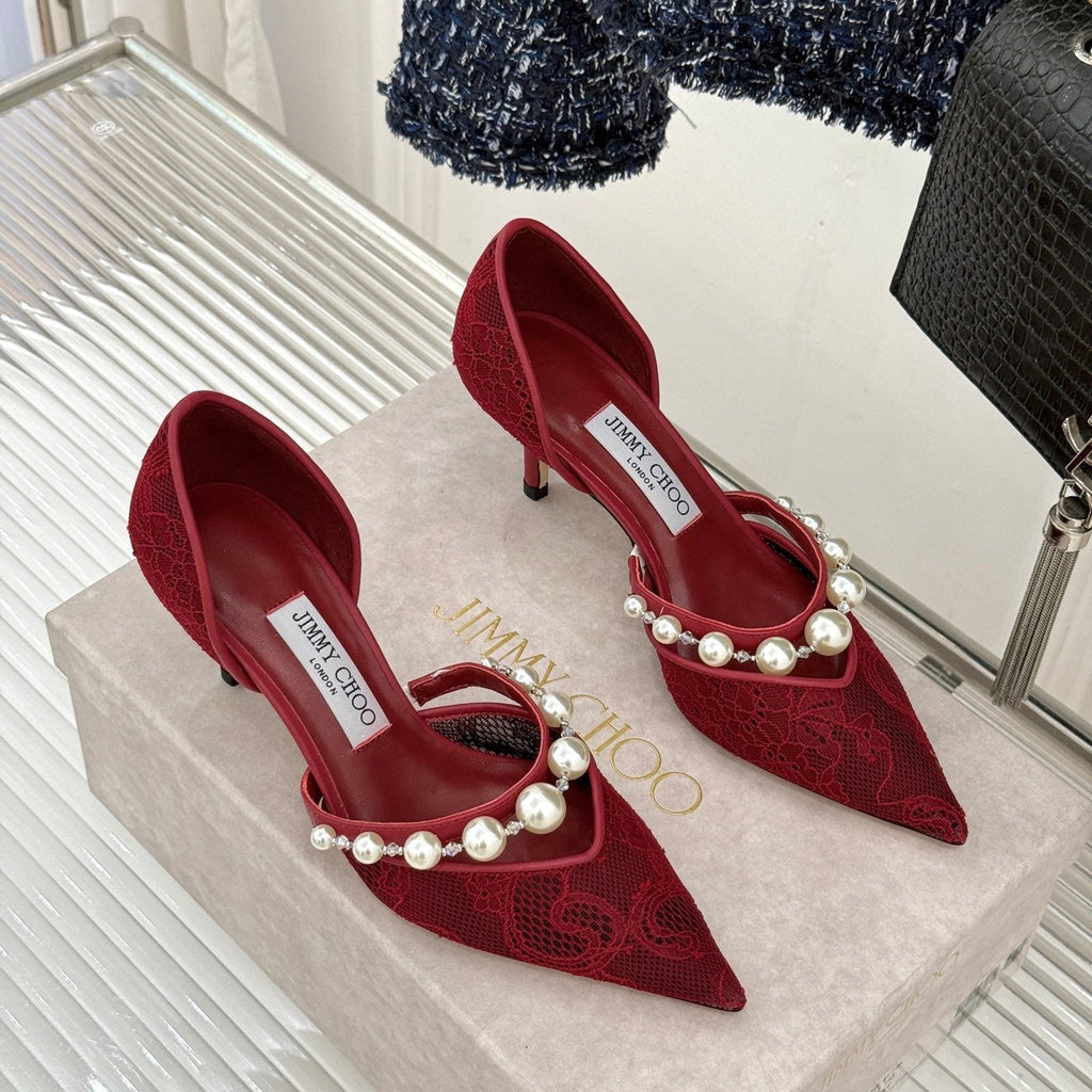 JIMMY CHOO 26S HIGH HEELS 65 MM IN DARK RED LACE PEARL-EMBELLISHED