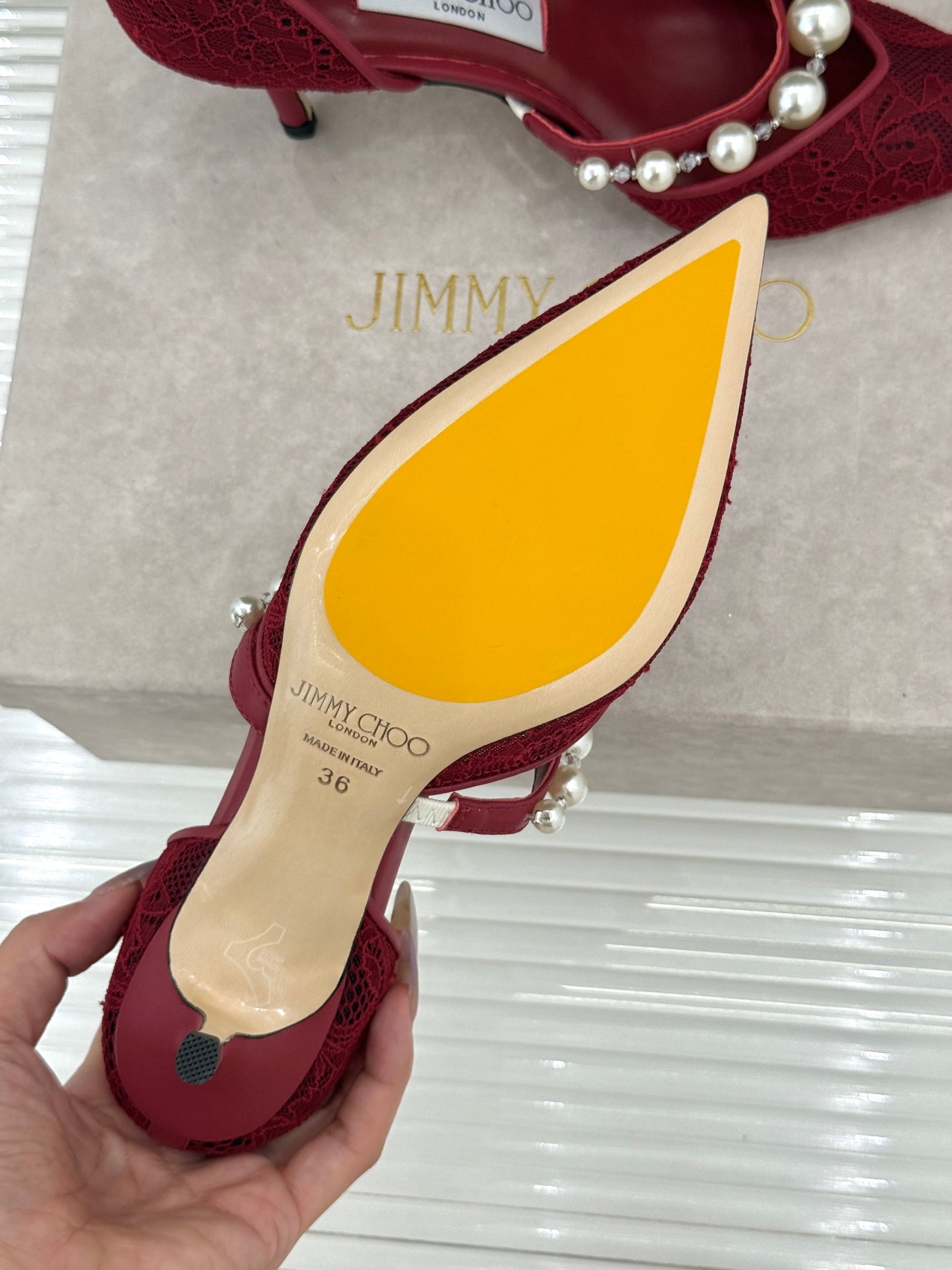 JIMMY CHOO 26S HIGH HEELS 65 MM IN DARK RED LACE PEARL-EMBELLISHED