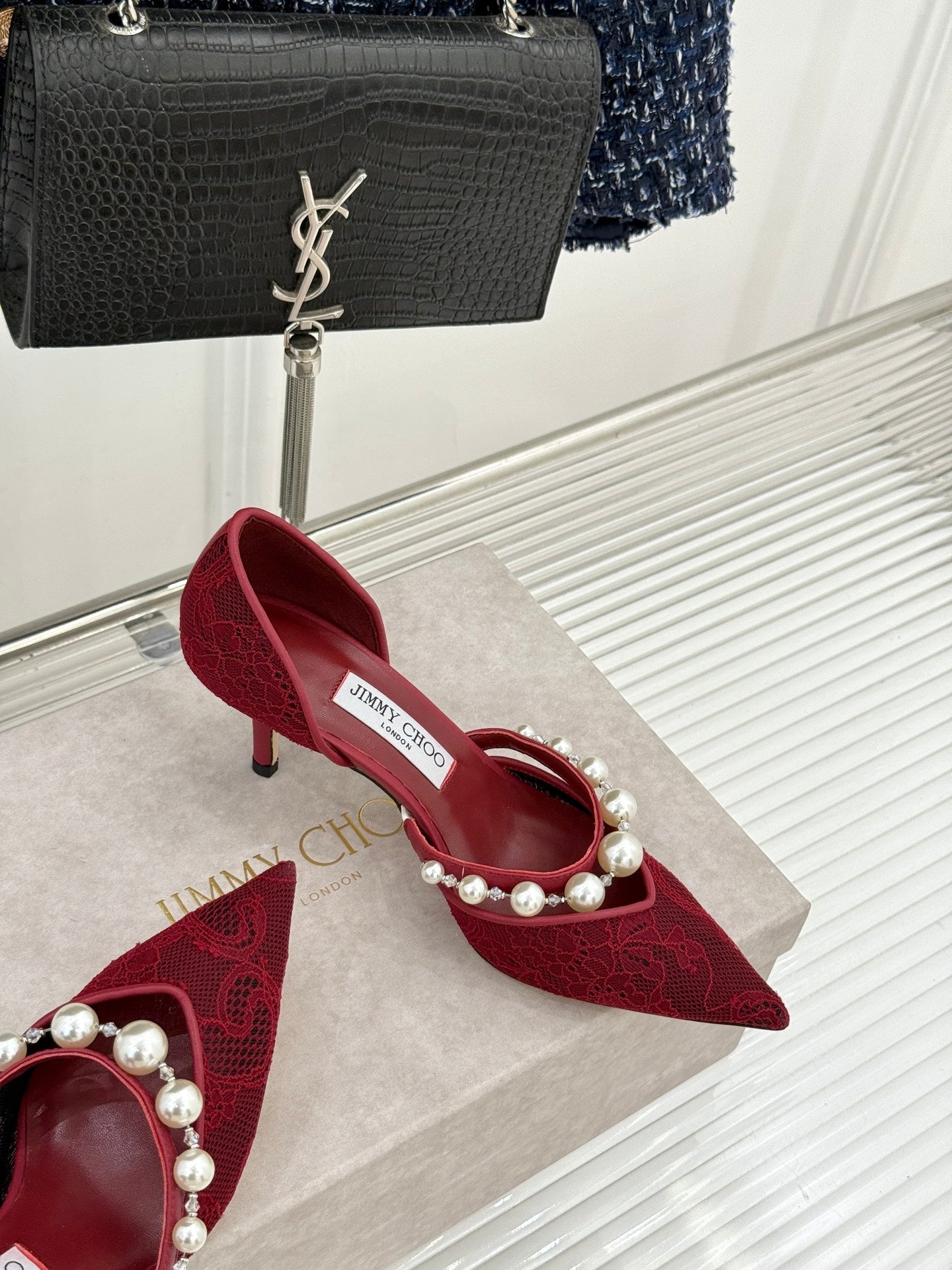 JIMMY CHOO 26S HIGH HEELS 65 MM IN DARK RED LACE PEARL-EMBELLISHED