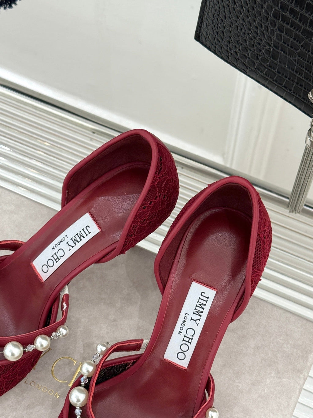 JIMMY CHOO 26S HIGH HEELS 65 MM IN DARK RED LACE PEARL-EMBELLISHED