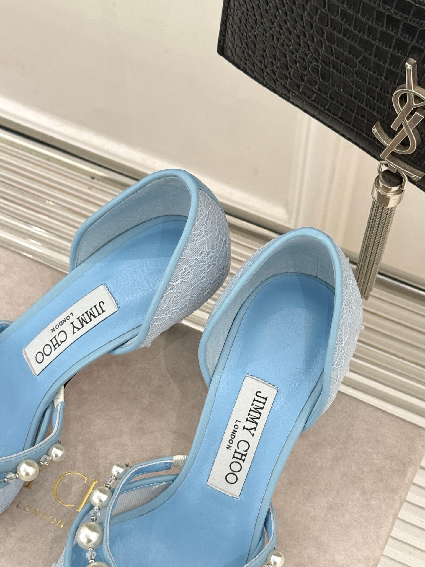JIMMY CHOO 26S HIGH HEELS 65 MM IN SKY BLUE LACE PEARL-EMBELLISHED