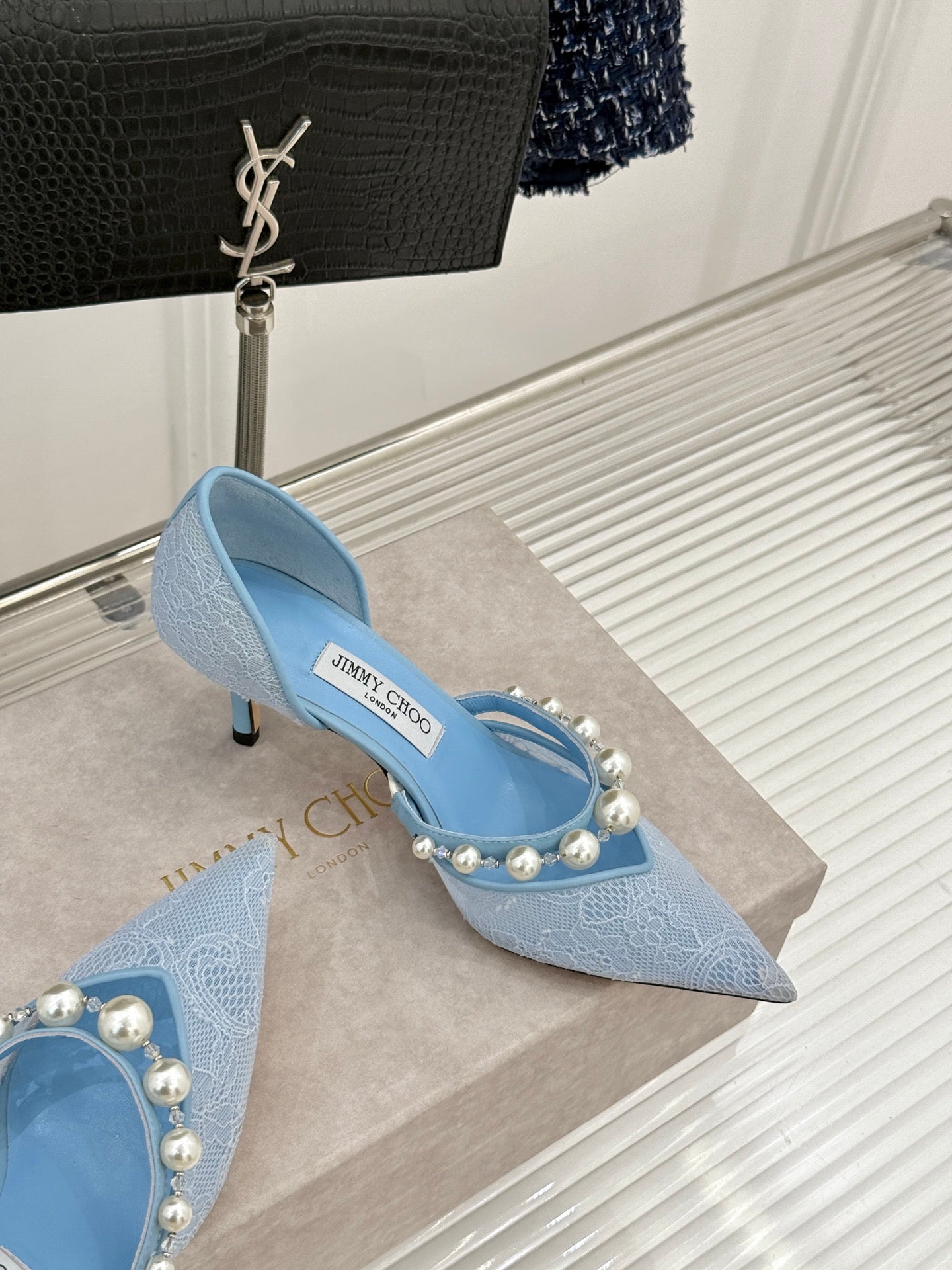 JIMMY CHOO 26S HIGH HEELS 65 MM IN SKY BLUE LACE PEARL-EMBELLISHED