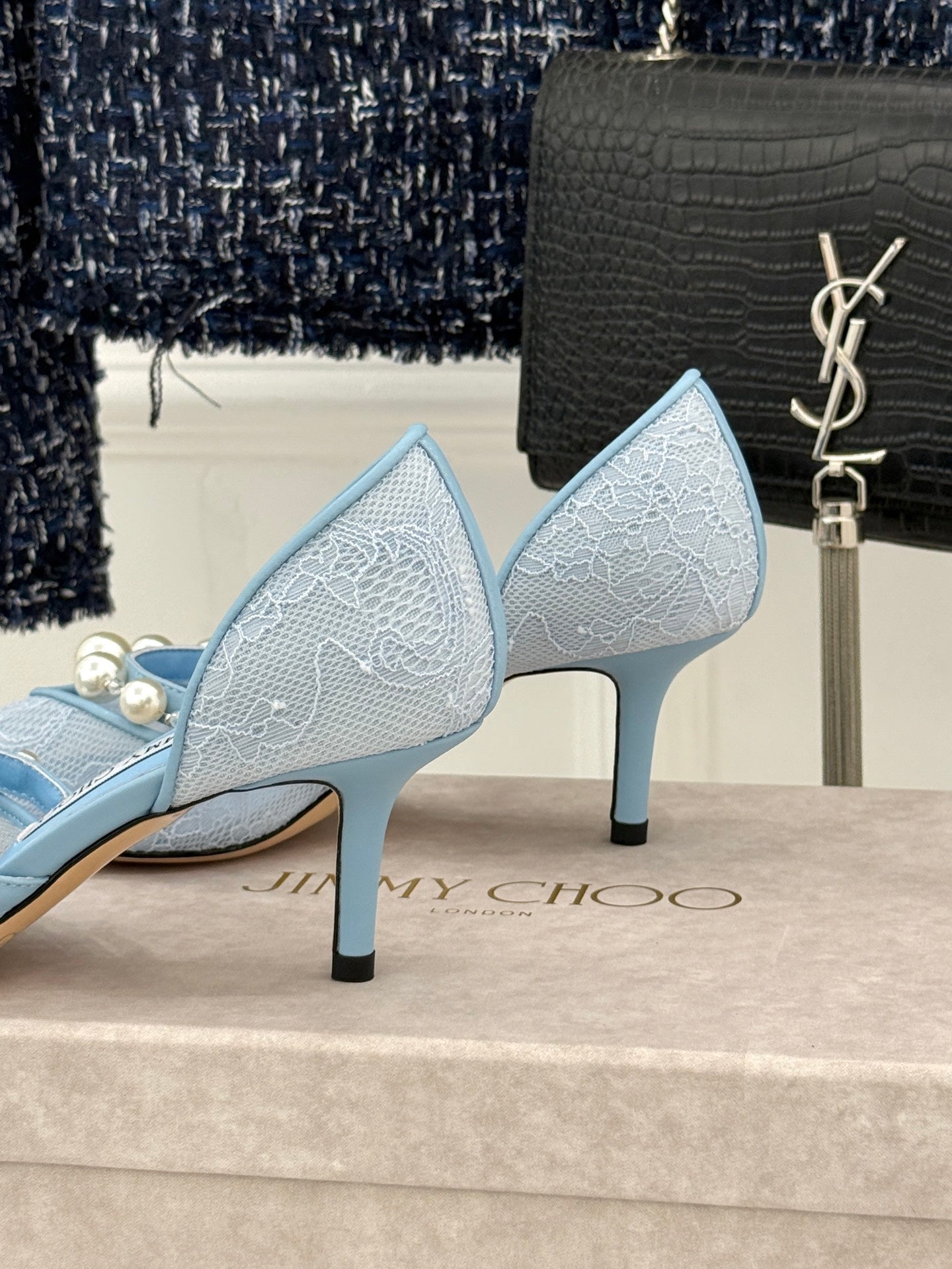 JIMMY CHOO 26S HIGH HEELS 65 MM IN SKY BLUE LACE PEARL-EMBELLISHED