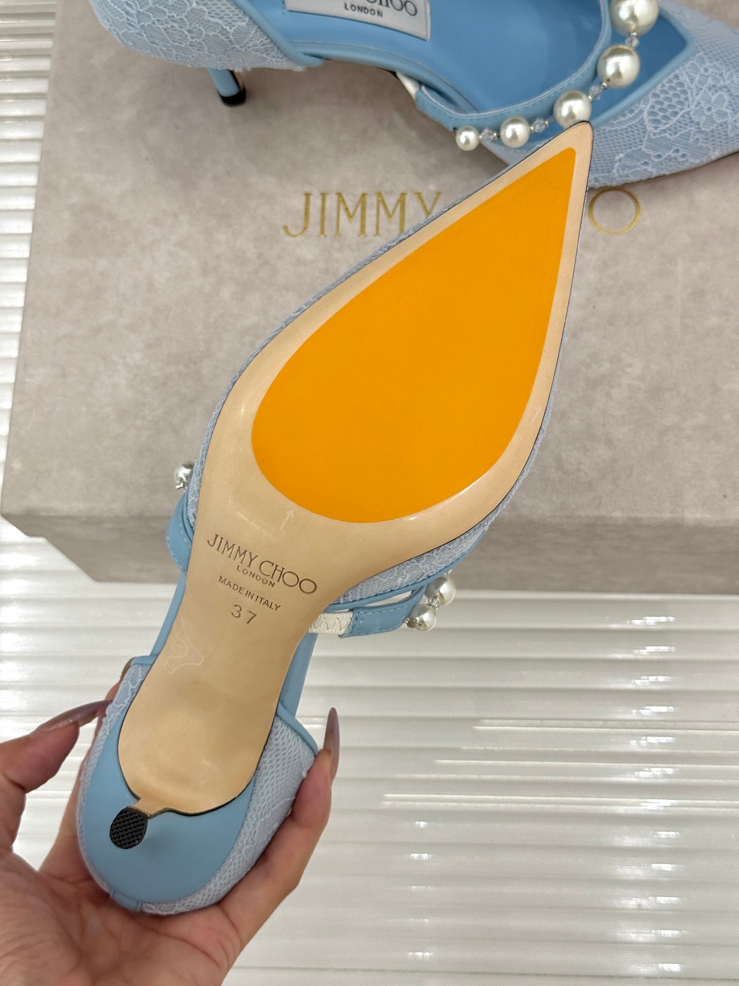 JIMMY CHOO 26S HIGH HEELS 65 MM IN SKY BLUE LACE PEARL-EMBELLISHED