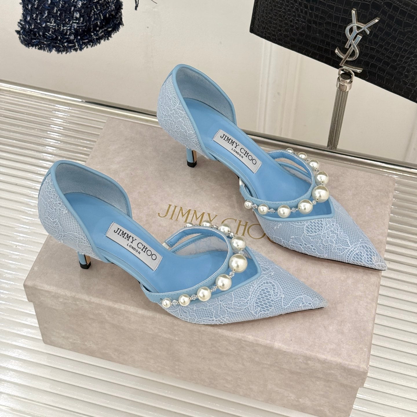 JIMMY CHOO 26S HIGH HEELS 65 MM IN SKY BLUE LACE PEARL-EMBELLISHED