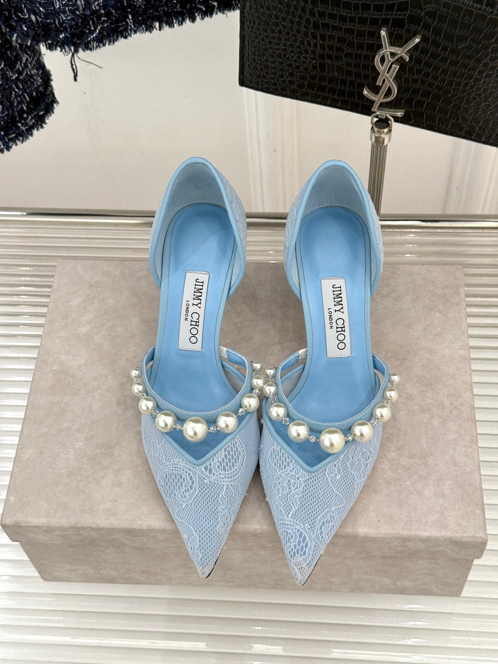 JIMMY CHOO 26S HIGH HEELS 65 MM IN SKY BLUE LACE PEARL-EMBELLISHED