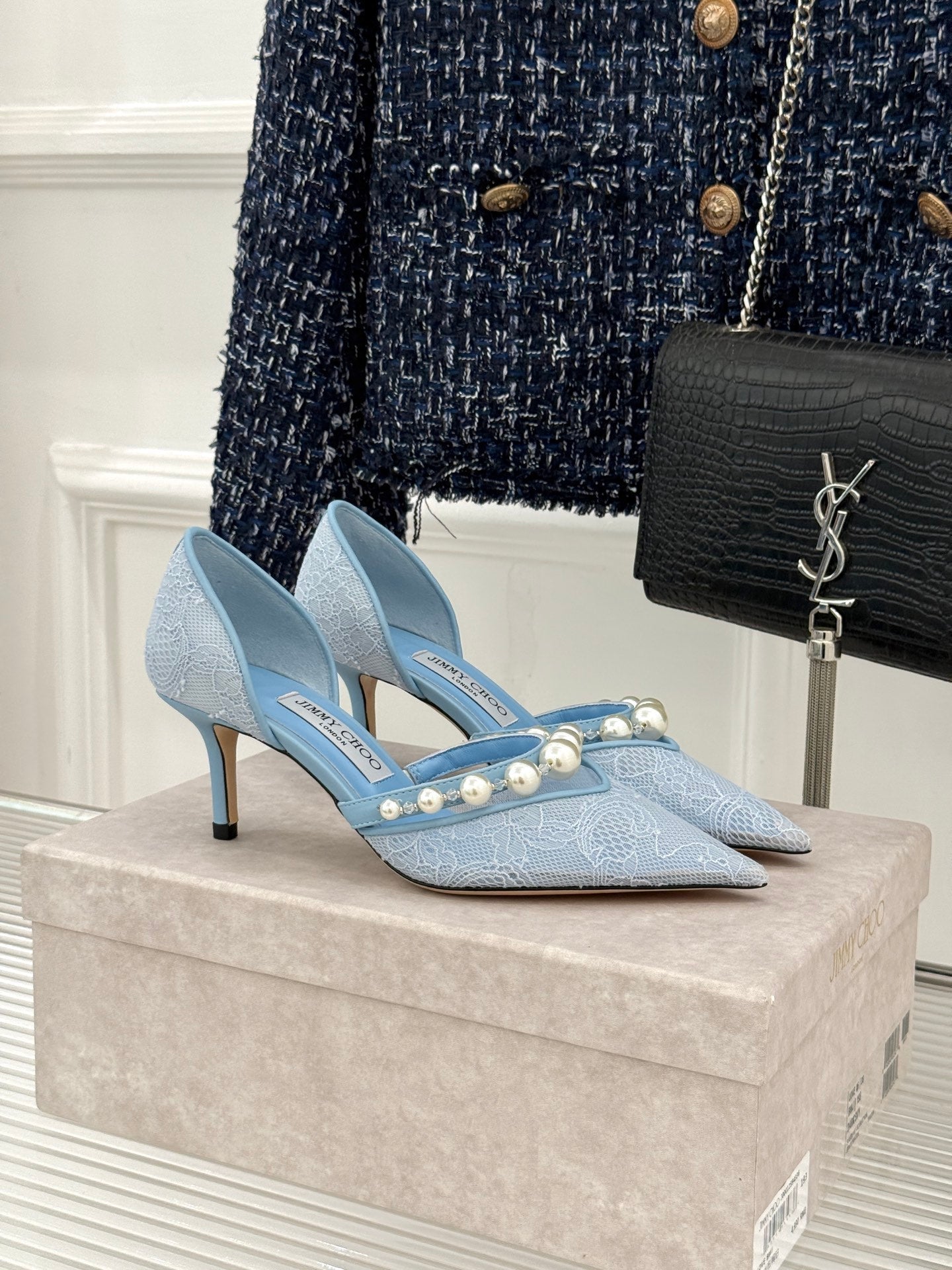 JIMMY CHOO 26S HIGH HEELS 65 MM IN SKY BLUE LACE PEARL-EMBELLISHED