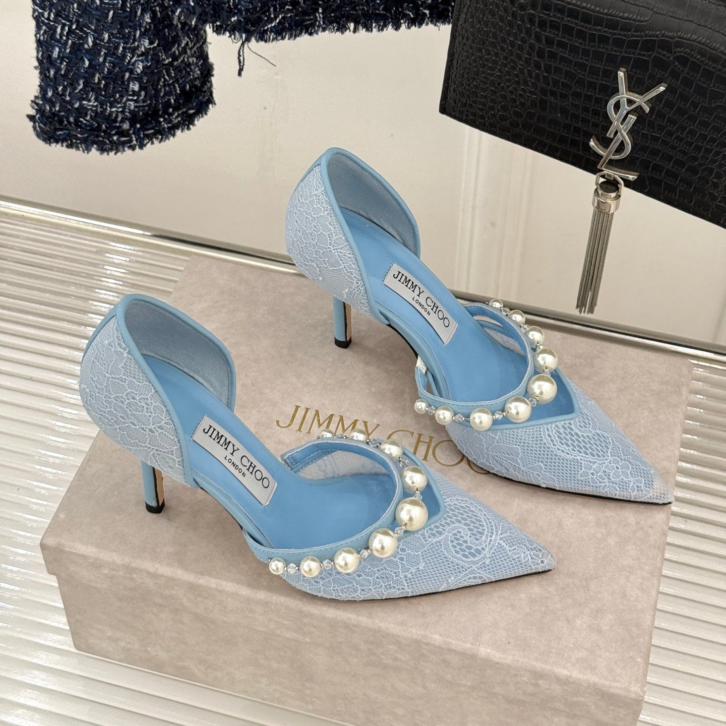 JIMMY CHOO 26S HIGH HEELS 85 MM IN SKY BLUE LACE PEARL-EMBELLISHED
