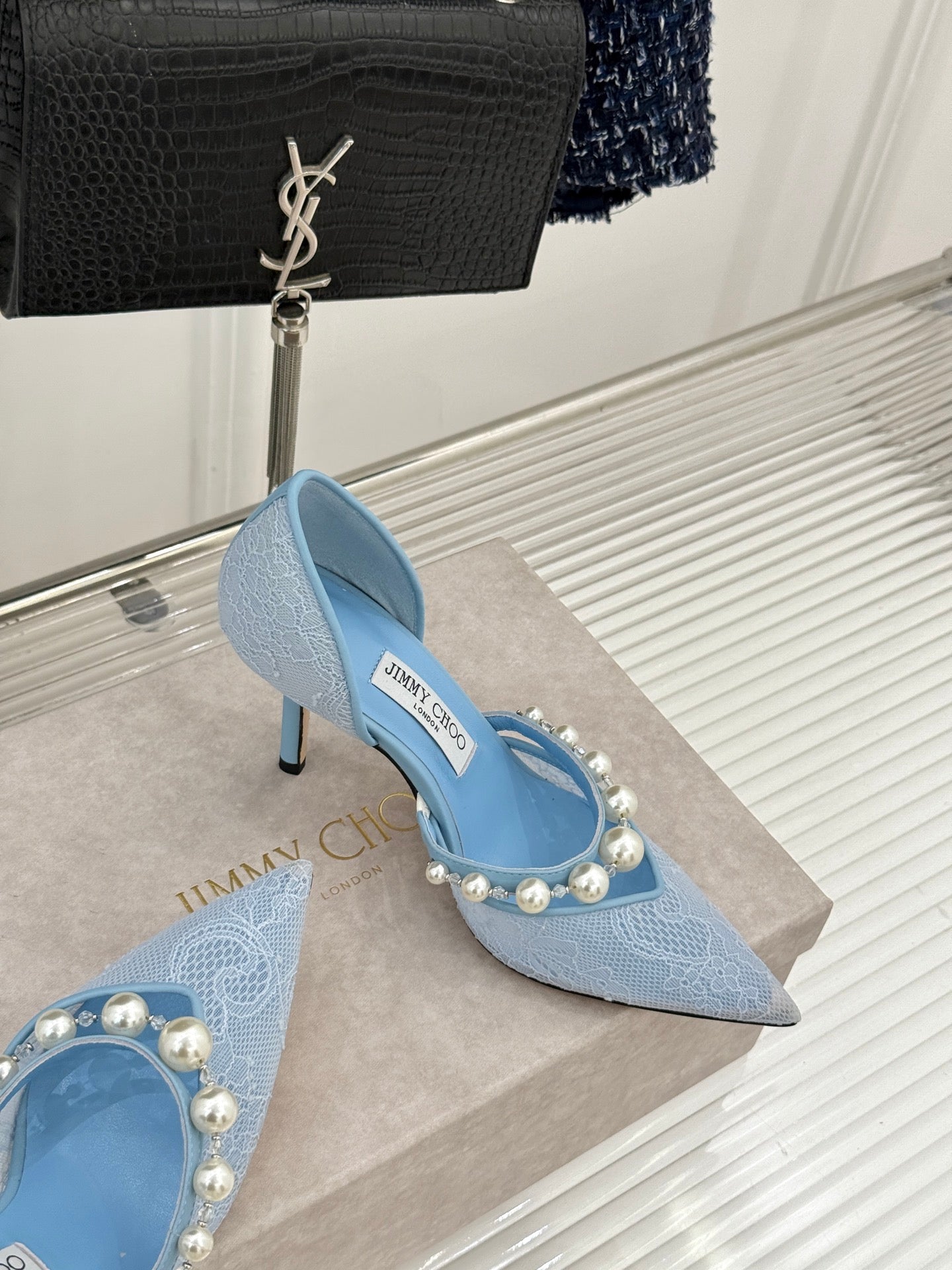 JIMMY CHOO 26S HIGH HEELS 85 MM IN SKY BLUE LACE PEARL-EMBELLISHED