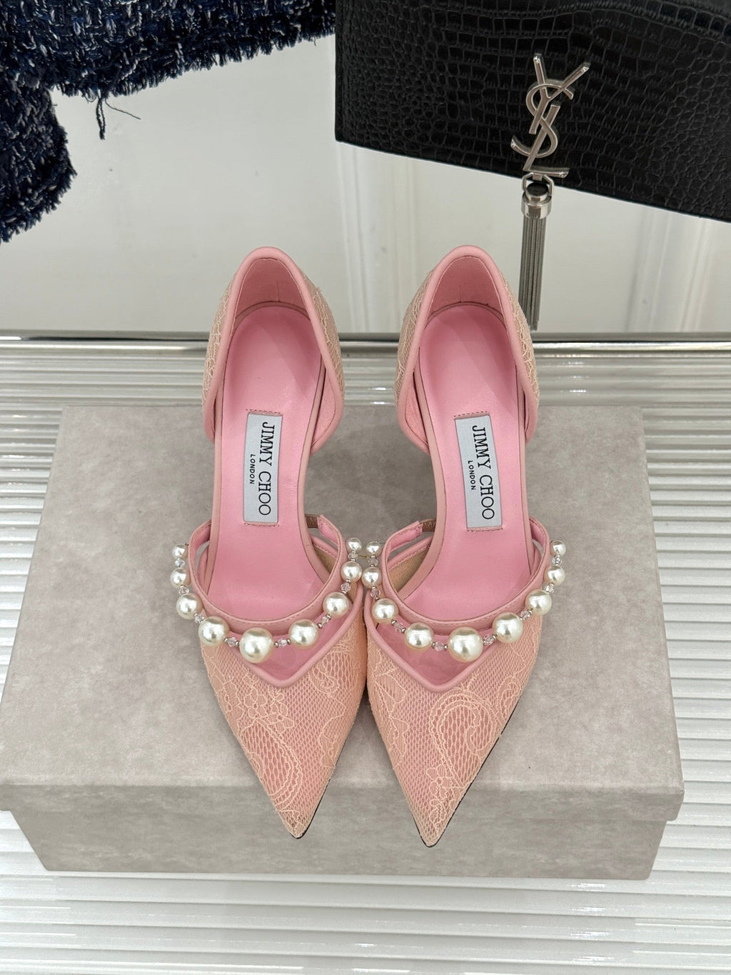 JIMMY CHOO 26S HIGH HEELS 85 MM IN LIGHT PINK LACE PEARL-EMBELLISHED