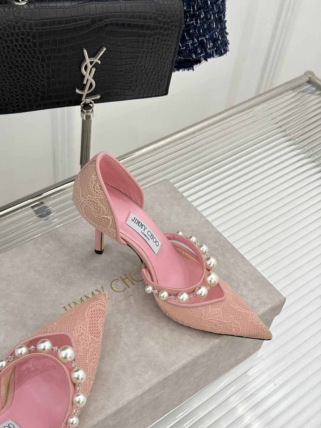 JIMMY CHOO 26S HIGH HEELS 85 MM IN LIGHT PINK LACE PEARL-EMBELLISHED