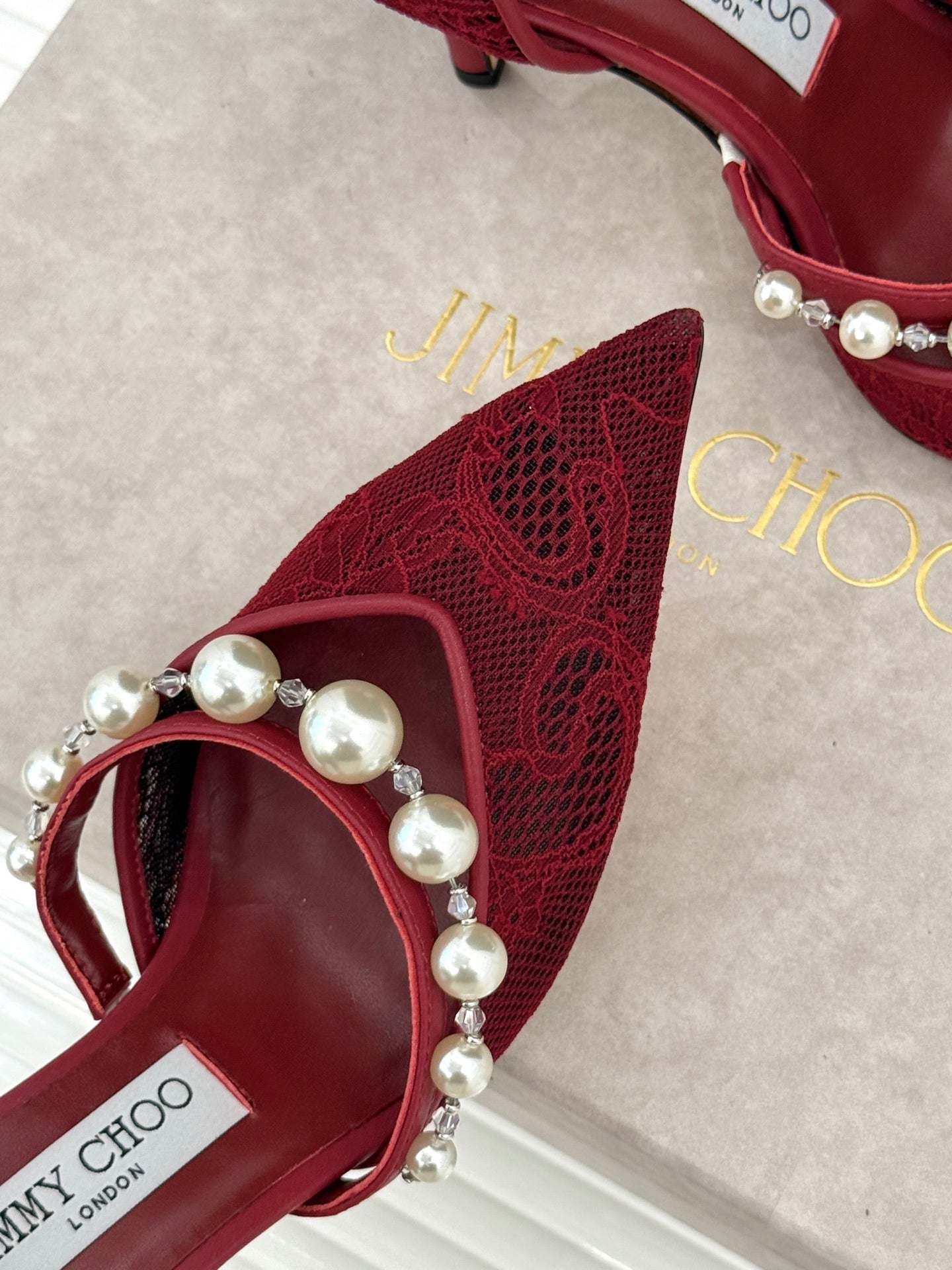 JIMMY CHOO 26S HIGH HEELS 85 MM IN DARK RED LACE PEARL-EMBELLISHED
