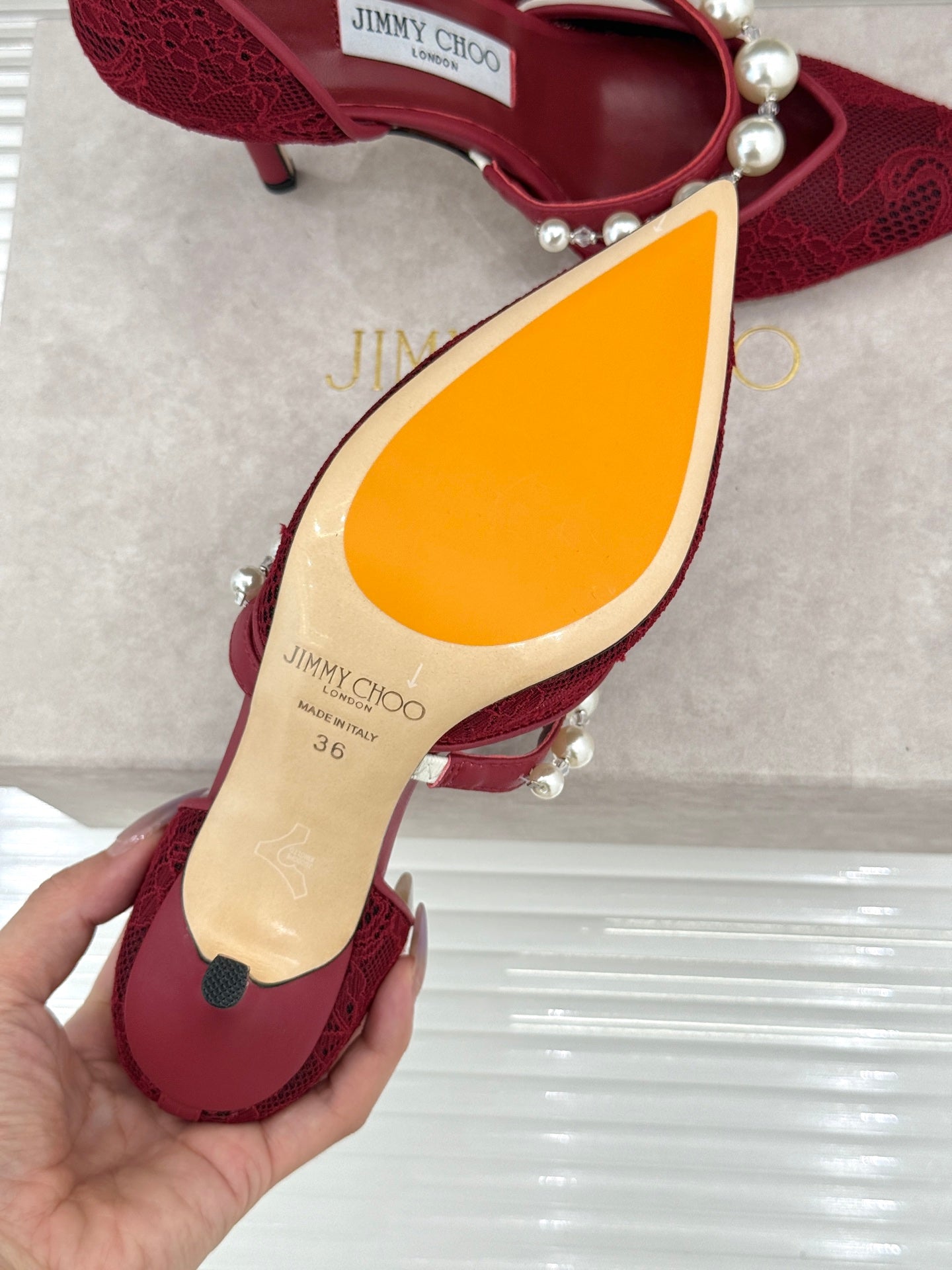 JIMMY CHOO 26S HIGH HEELS 85 MM IN DARK RED LACE PEARL-EMBELLISHED
