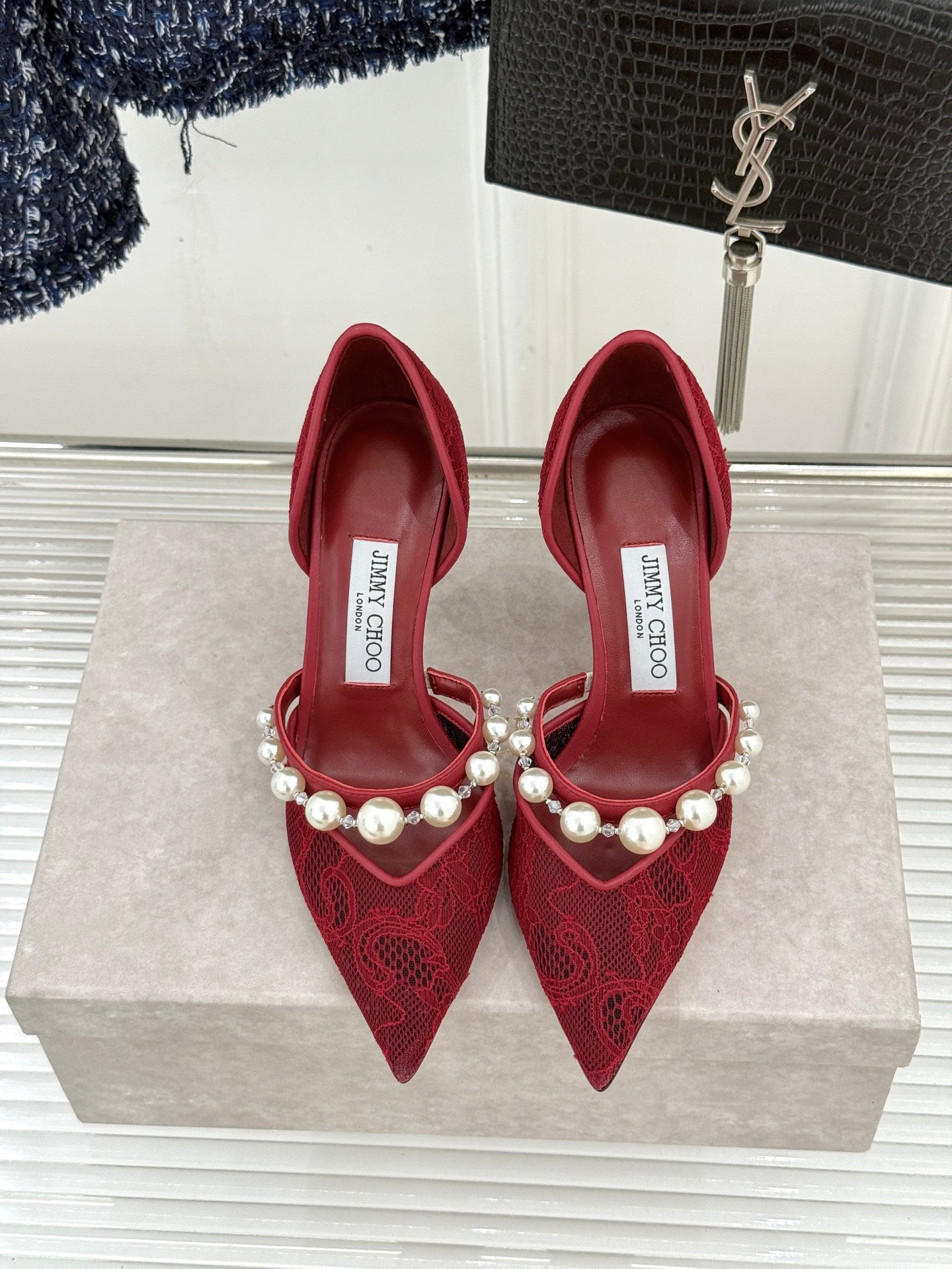 JIMMY CHOO 26S HIGH HEELS 85 MM IN DARK RED LACE PEARL-EMBELLISHED