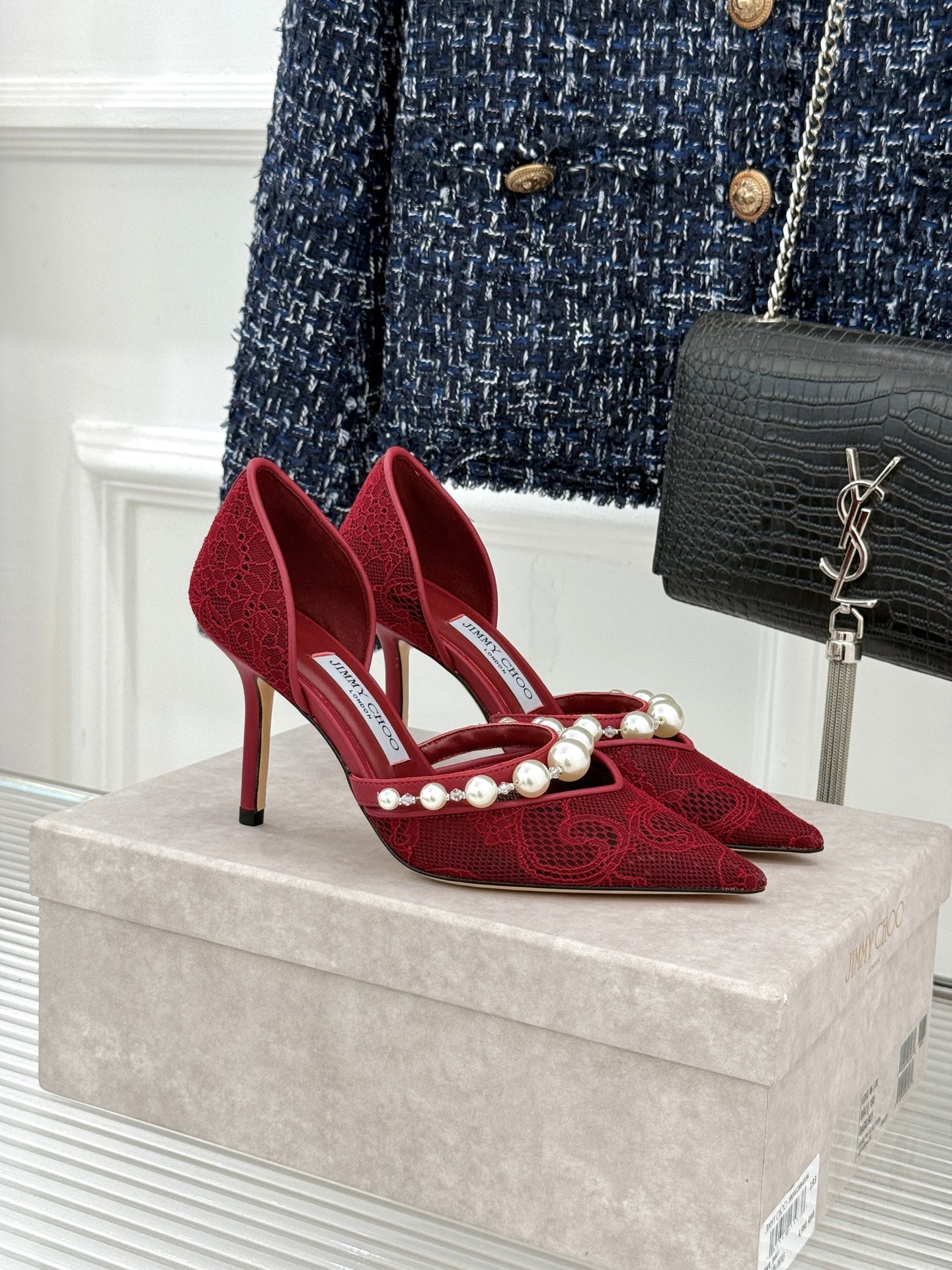 JIMMY CHOO 26S HIGH HEELS 85 MM IN DARK RED LACE PEARL-EMBELLISHED