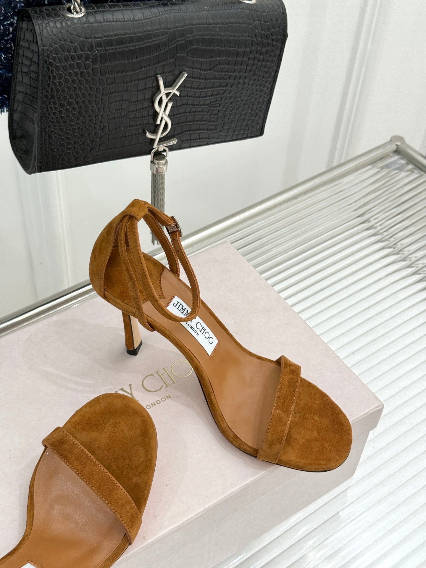 JIMMY CHOO 26S HIGH-HEEL SANDALS 100 MM IN BROWN SUEDE