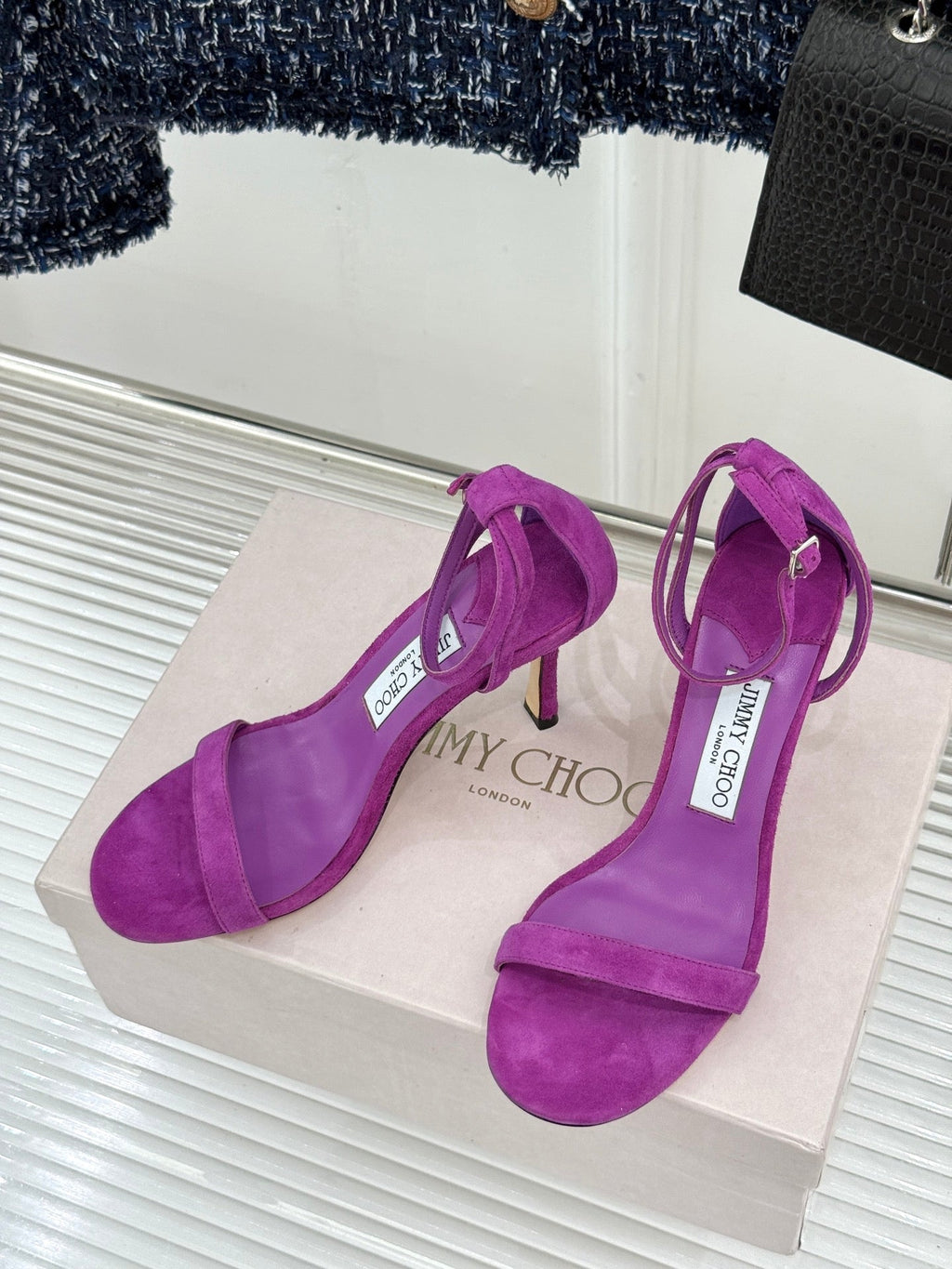 JIMMY CHOO 26S HIGH-HEEL SANDALS 100 MM IN PURPLE SUEDE