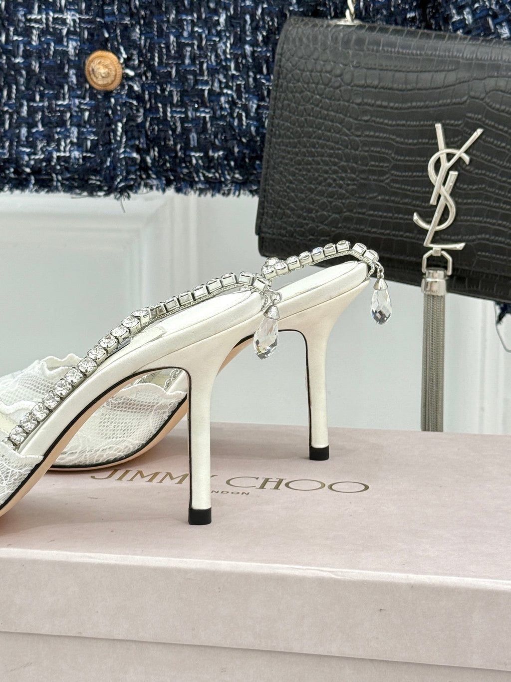 JIMMY CHOO 26S EMBELLISHED HIGH-HEEL SANDALS 85 MM IN WHITE LACE