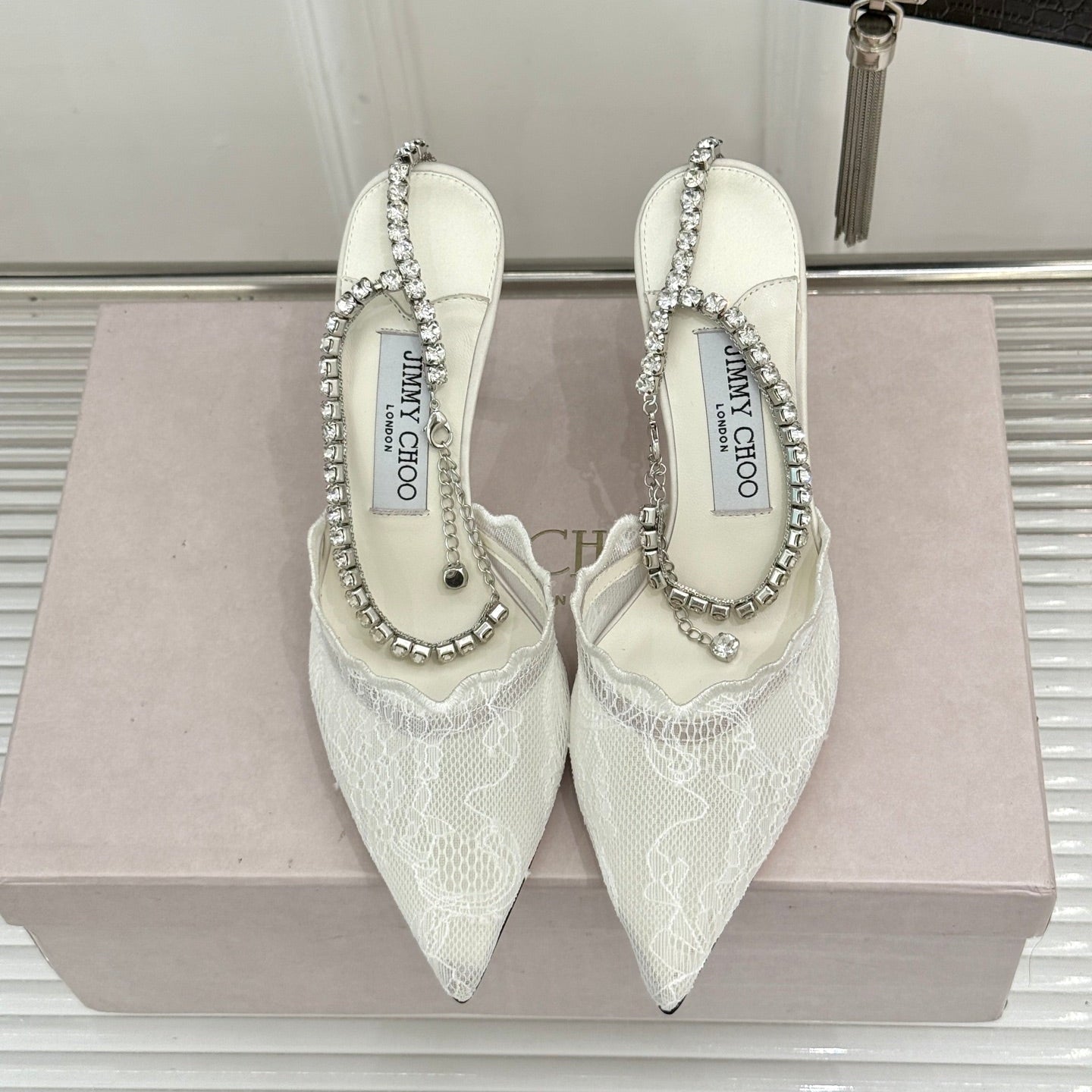 JIMMY CHOO 26S EMBELLISHED HIGH-HEEL SANDALS 85 MM IN WHITE LACE