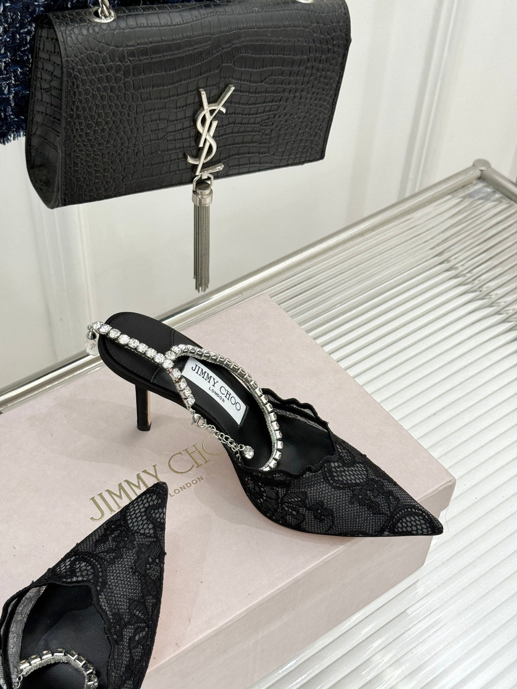 JIMMY CHOO 26S EMBELLISHED HIGH-HEEL SANDALS 85 MM IN BLACK LACE