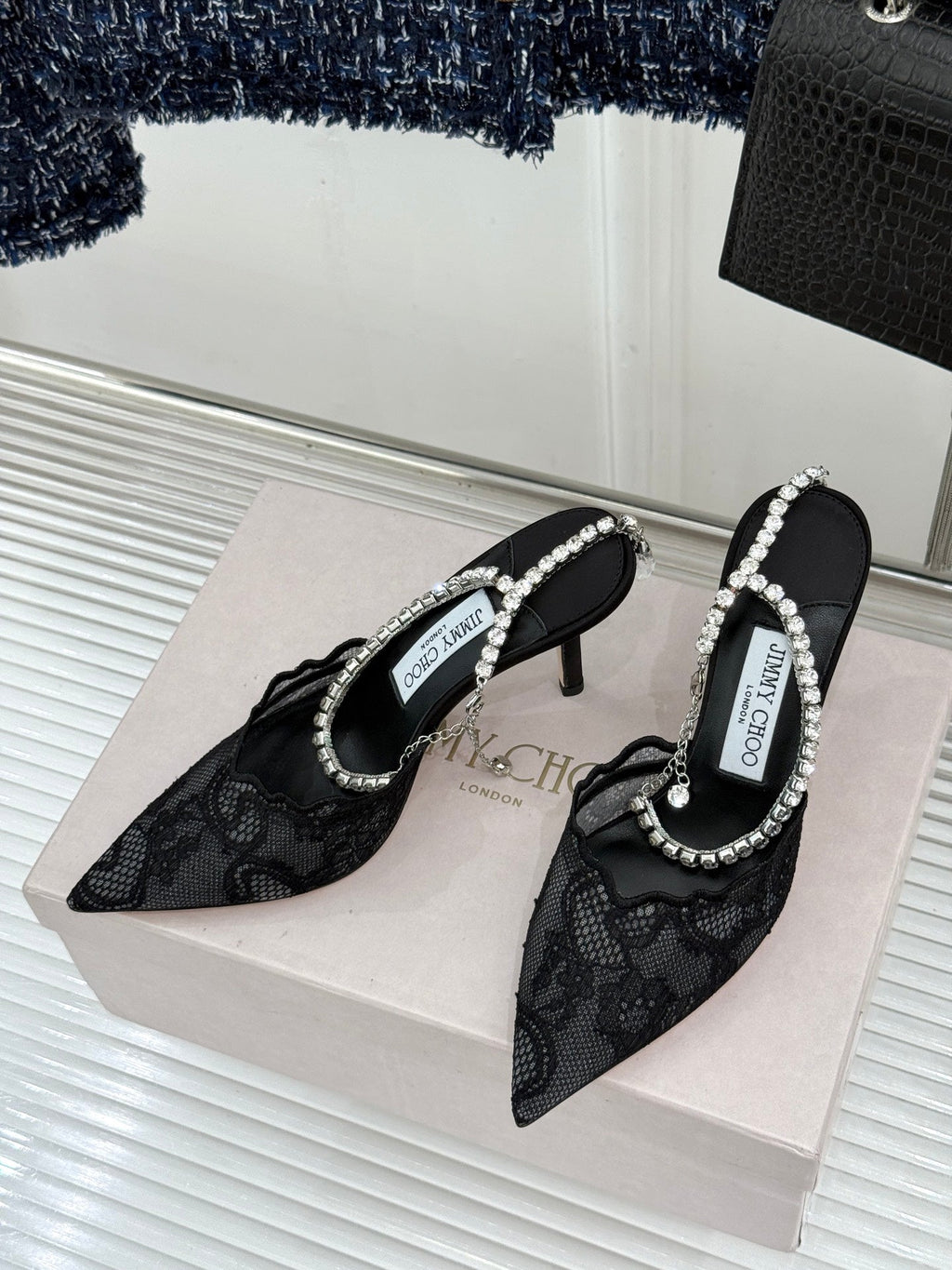 JIMMY CHOO 26S EMBELLISHED HIGH-HEEL SANDALS 85 MM IN BLACK LACE