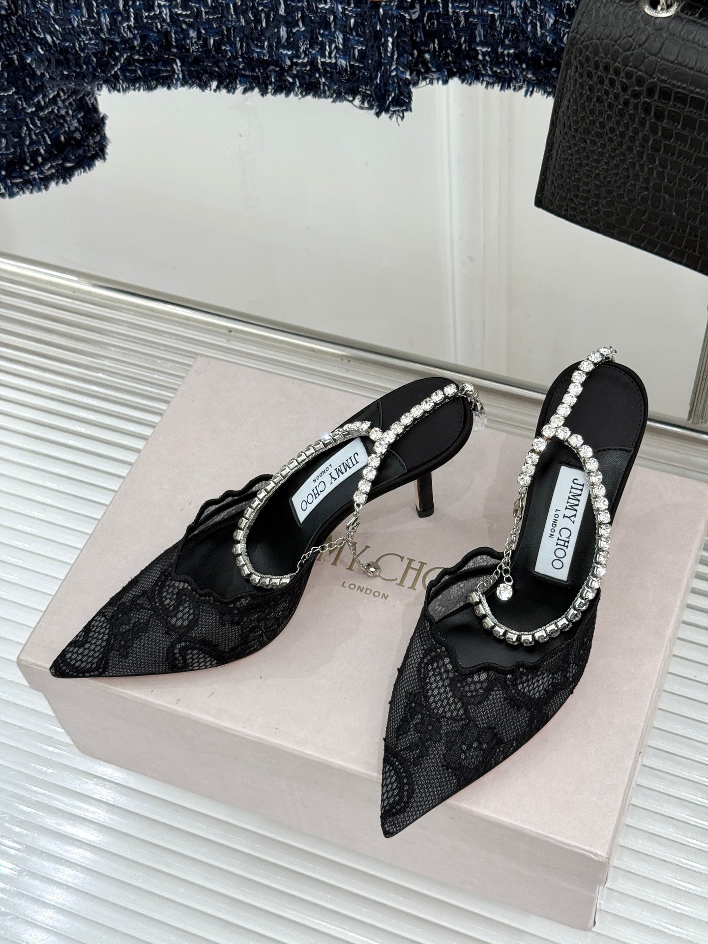 JIMMY CHOO 26S EMBELLISHED HIGH-HEEL SANDALS 85 MM IN BLACK LACE