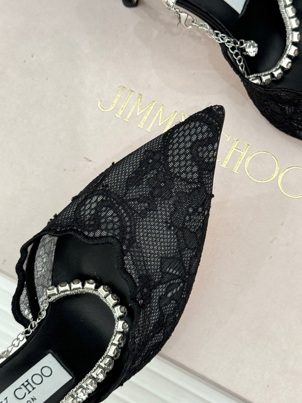 JIMMY CHOO 26S EMBELLISHED HIGH-HEEL SANDALS 85 MM IN BLACK LACE