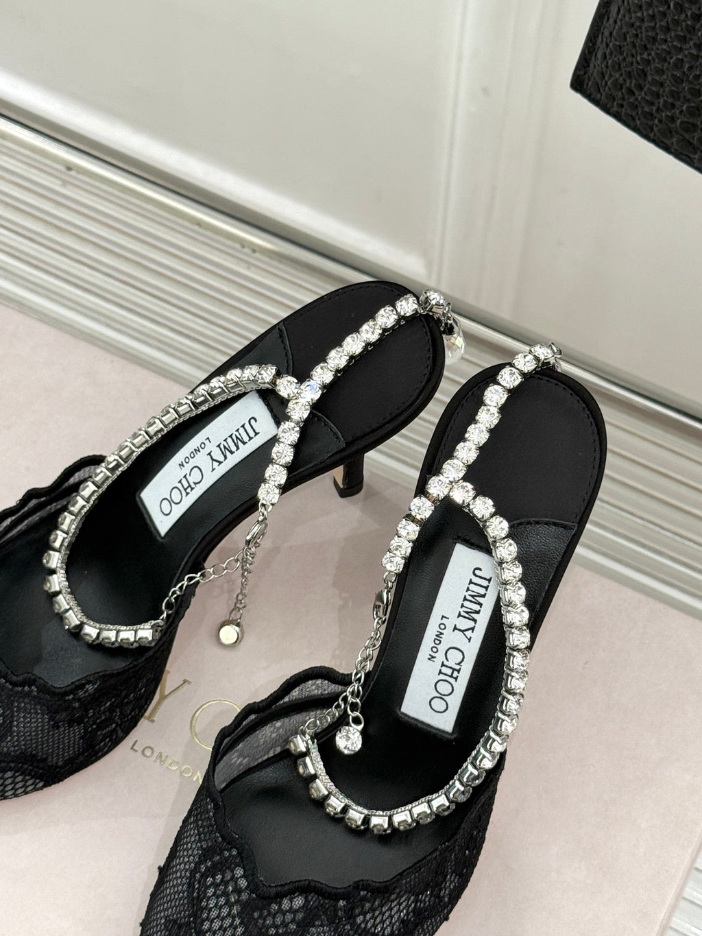 JIMMY CHOO 26S EMBELLISHED HIGH-HEEL SANDALS 85 MM IN BLACK LACE