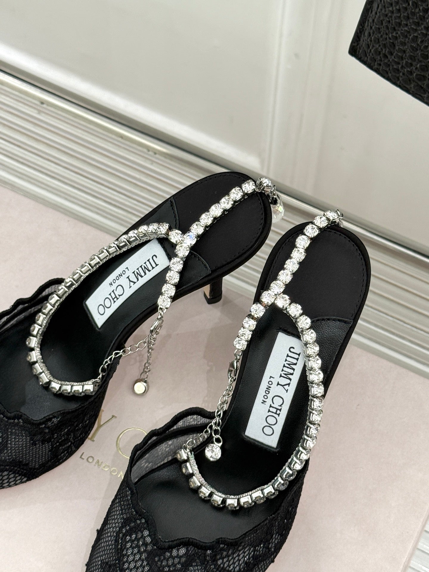 JIMMY CHOO 26S EMBELLISHED HIGH-HEEL SANDALS 85 MM IN BLACK LACE