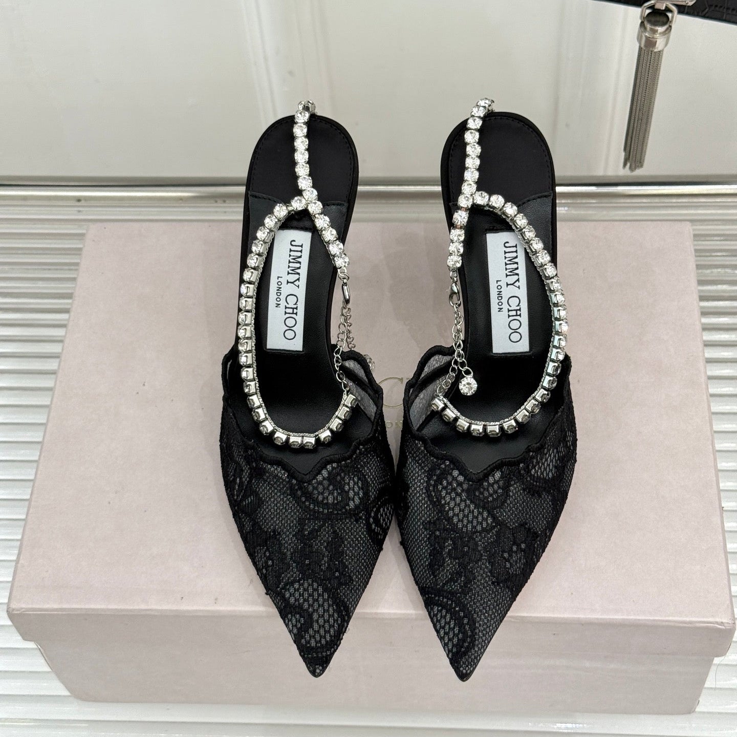 JIMMY CHOO 26S EMBELLISHED HIGH-HEEL SANDALS 85 MM IN BLACK LACE
