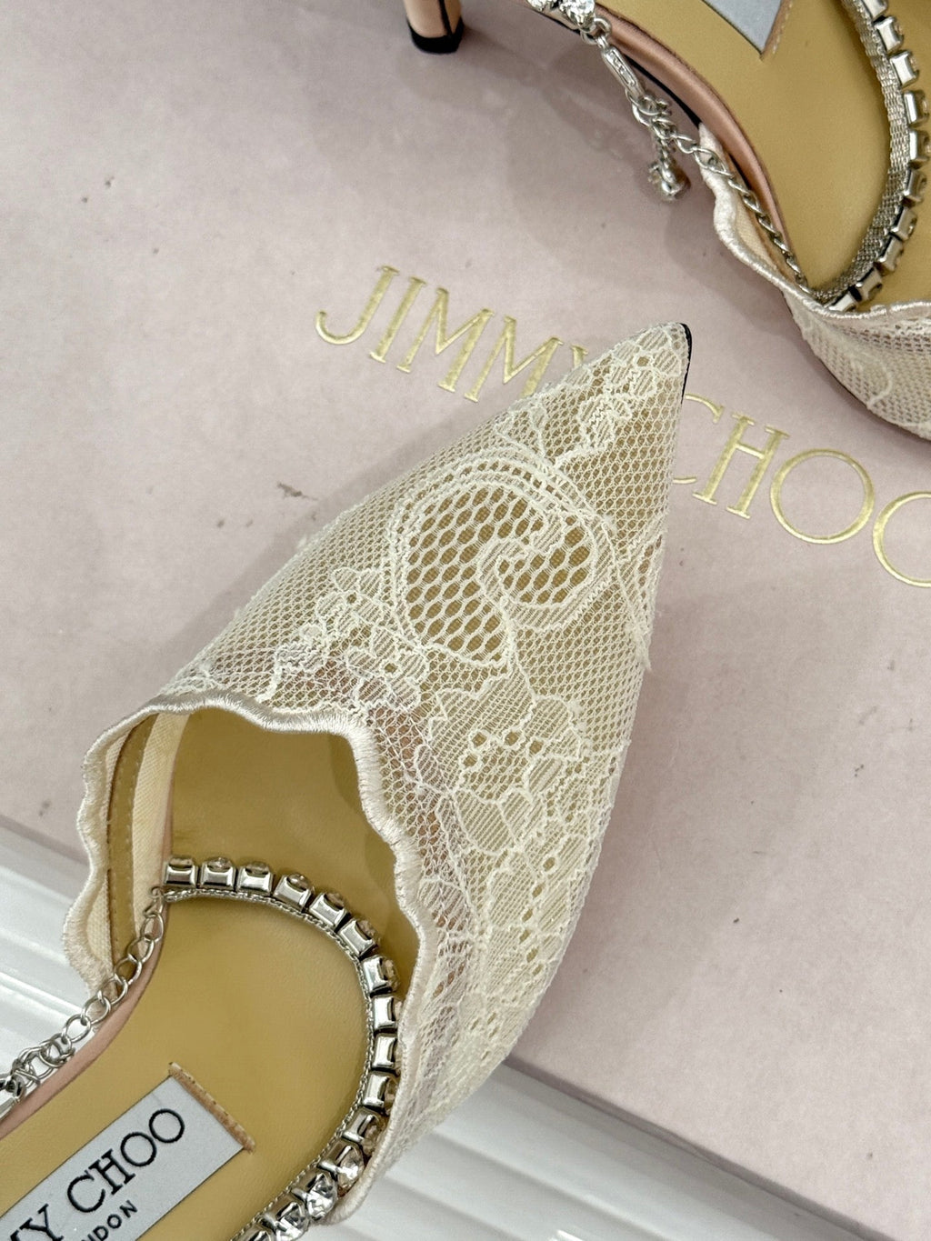JIMMY CHOO 26S EMBELLISHED HIGH-HEEL SANDALS 85 MM IN CREAM WHITE LACE