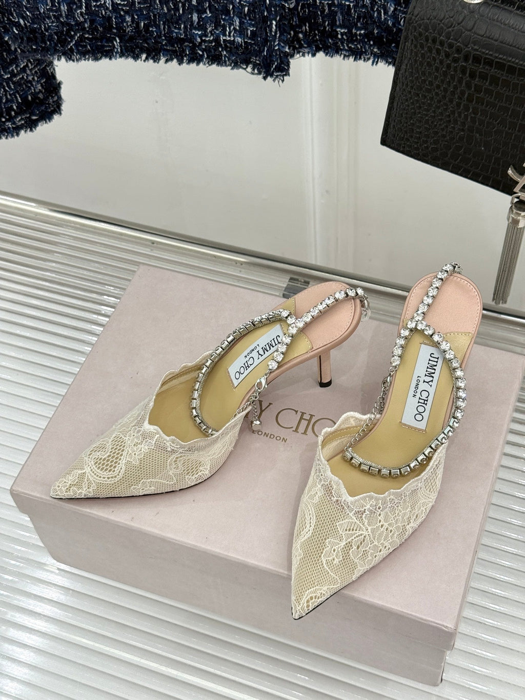 JIMMY CHOO 26S EMBELLISHED HIGH-HEEL SANDALS 85 MM IN CREAM WHITE LACE