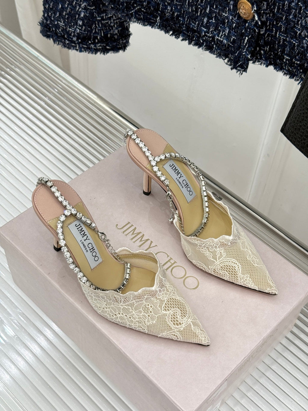 JIMMY CHOO 26S EMBELLISHED HIGH-HEEL SANDALS 85 MM IN CREAM WHITE LACE