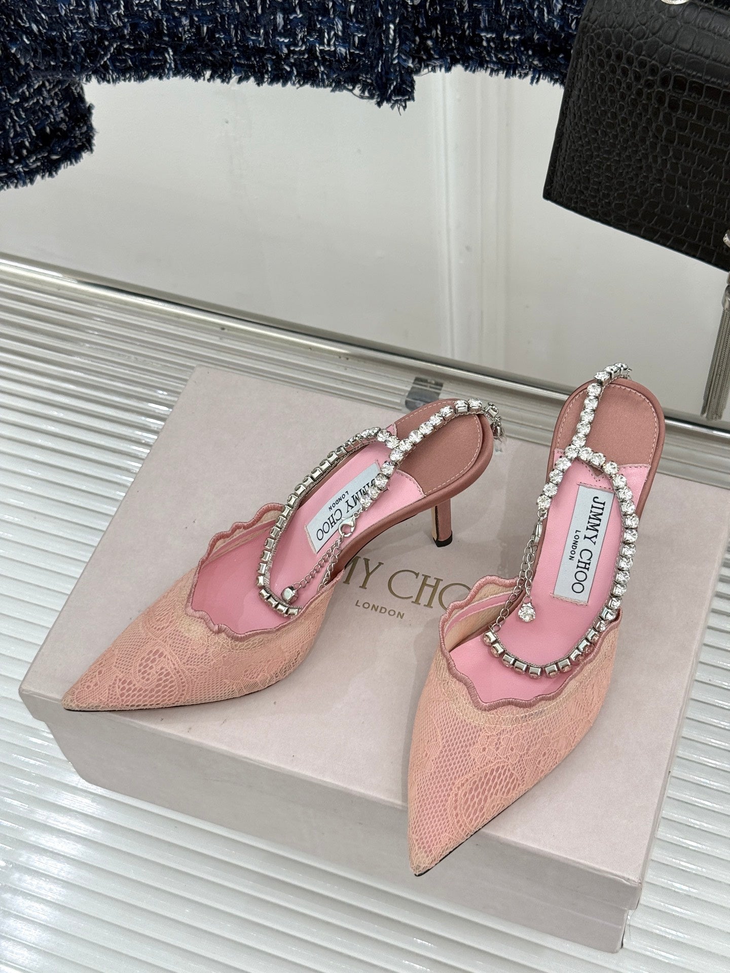 JIMMY CHOO 26S EMBELLISHED HIGH-HEEL SANDALS 85 MM IN BALLET PINK LACE