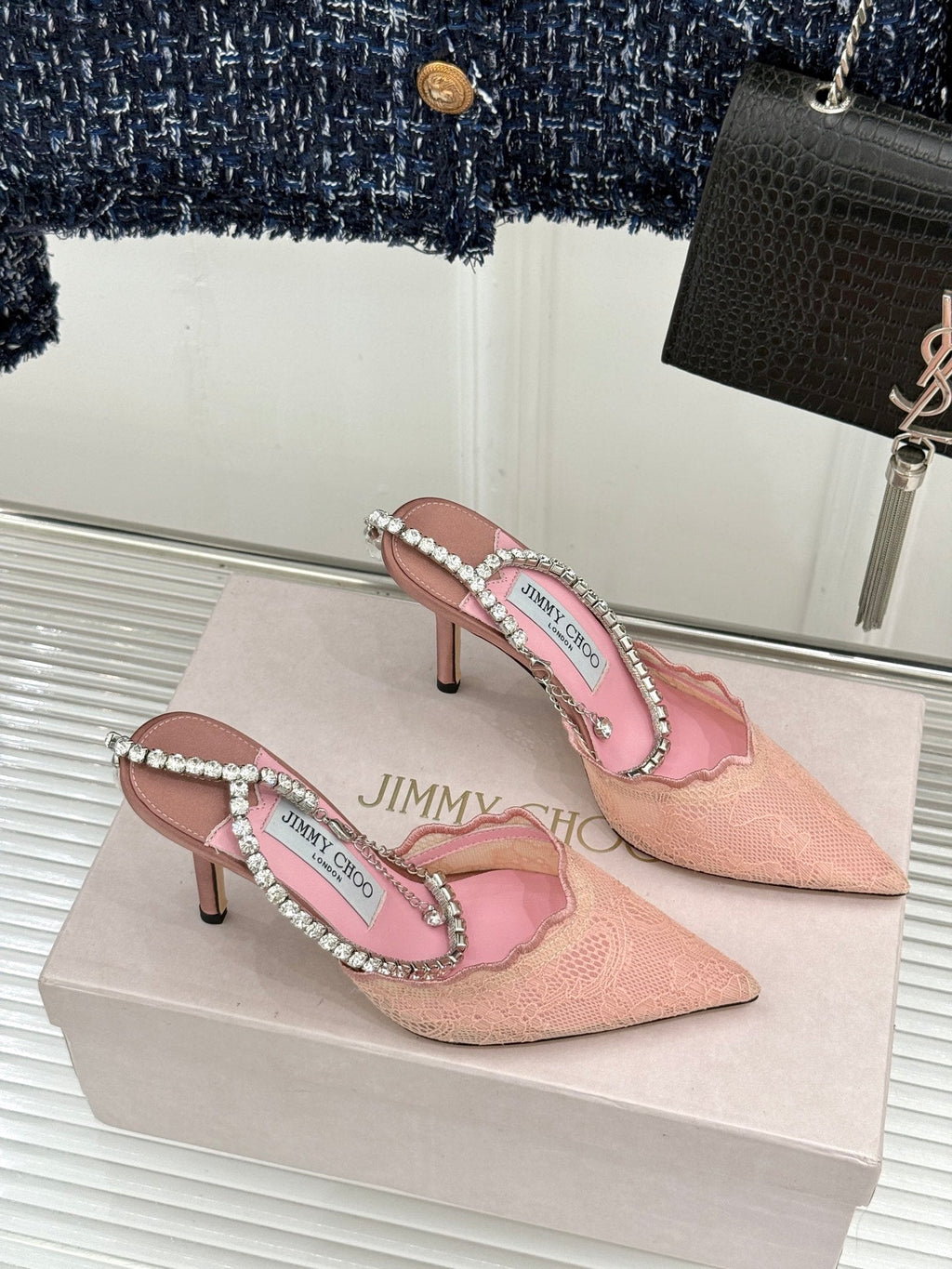 JIMMY CHOO 26S EMBELLISHED HIGH-HEEL SANDALS 85 MM IN BALLET PINK LACE