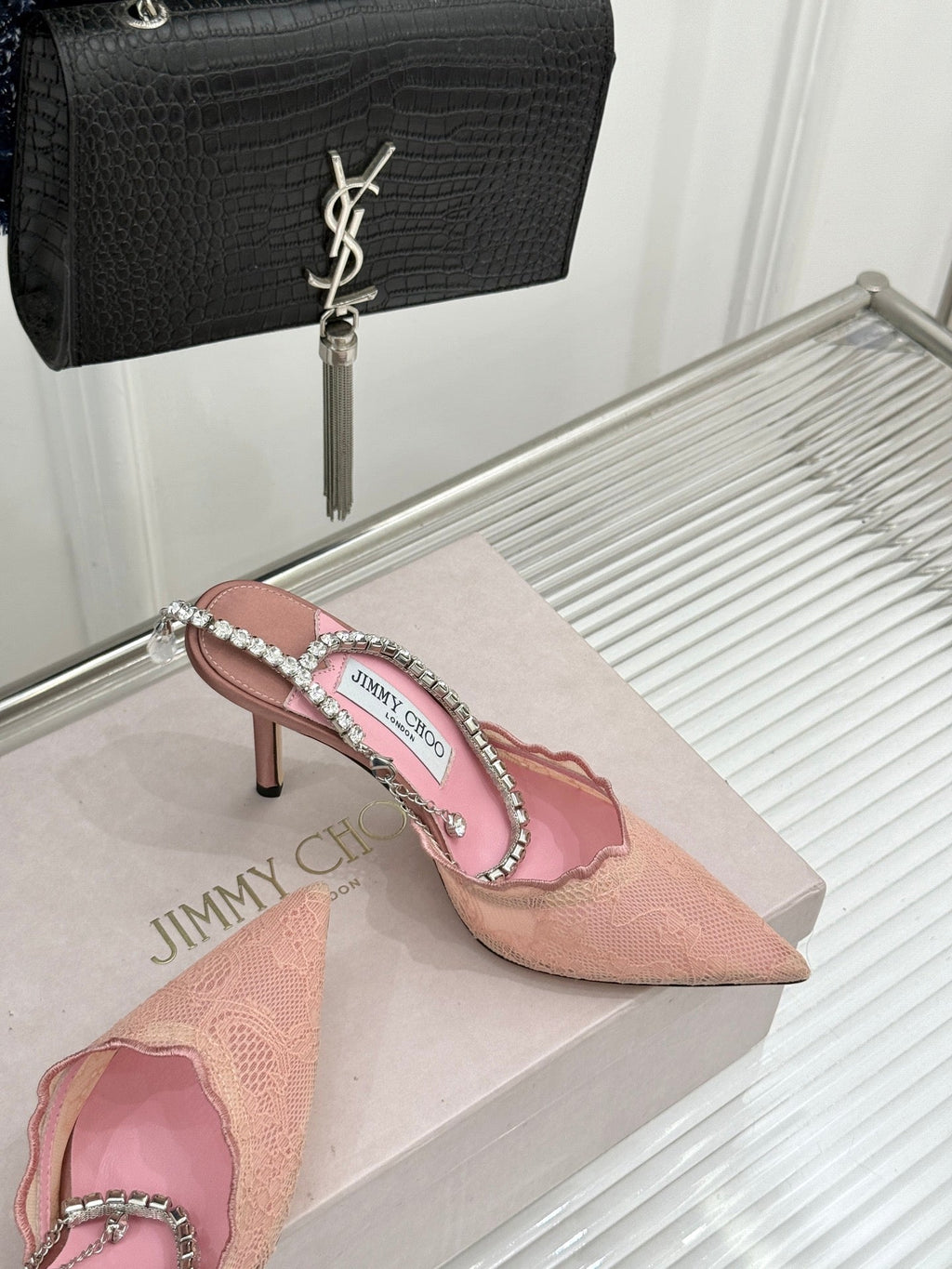 JIMMY CHOO 26S EMBELLISHED HIGH-HEEL SANDALS 85 MM IN BALLET PINK LACE