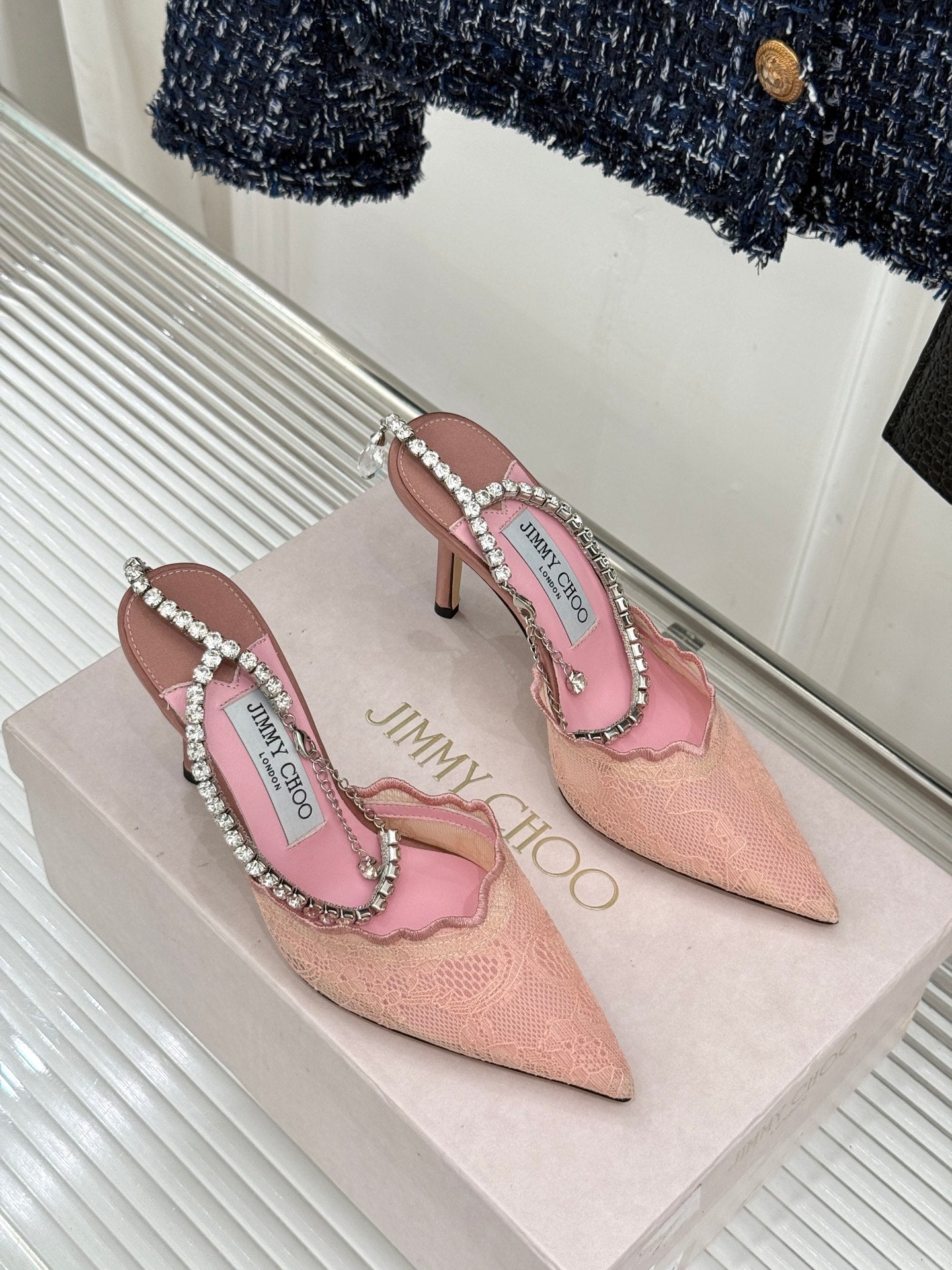 JIMMY CHOO 26S EMBELLISHED HIGH-HEEL SANDALS 85 MM IN BALLET PINK LACE