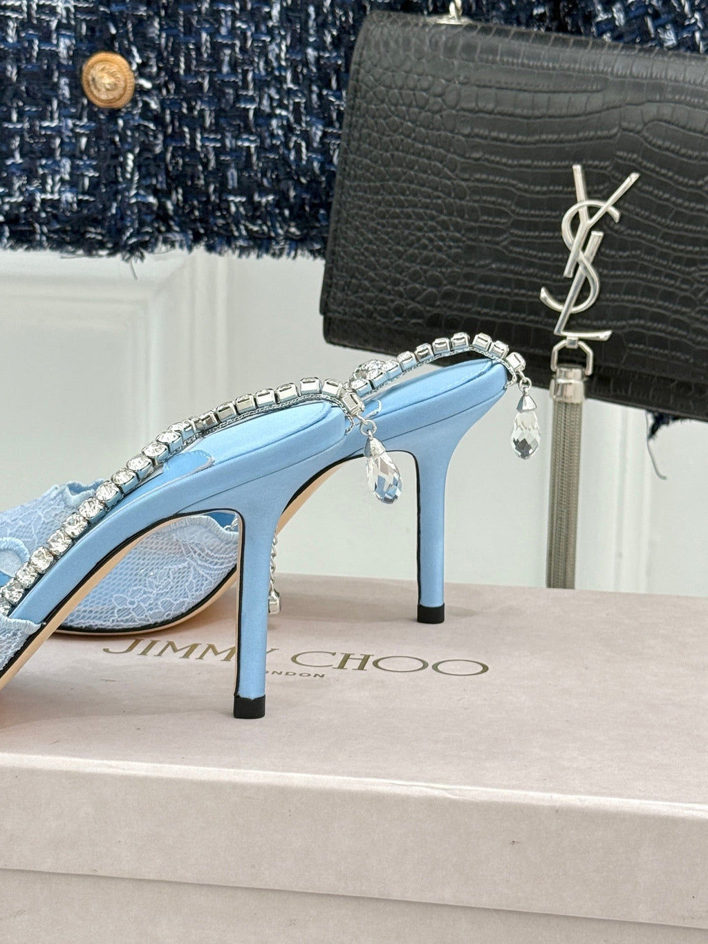 JIMMY CHOO 26S EMBELLISHED HIGH-HEEL SANDALS 85 MM IN BLUE LACE