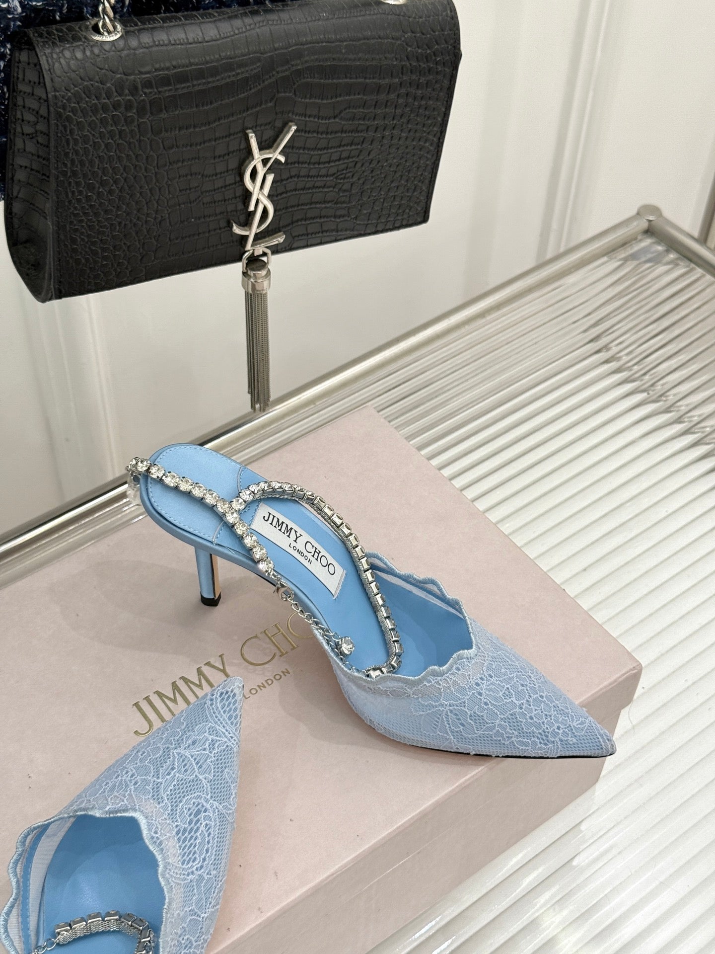 JIMMY CHOO 26S EMBELLISHED HIGH-HEEL SANDALS 85 MM IN BLUE LACE