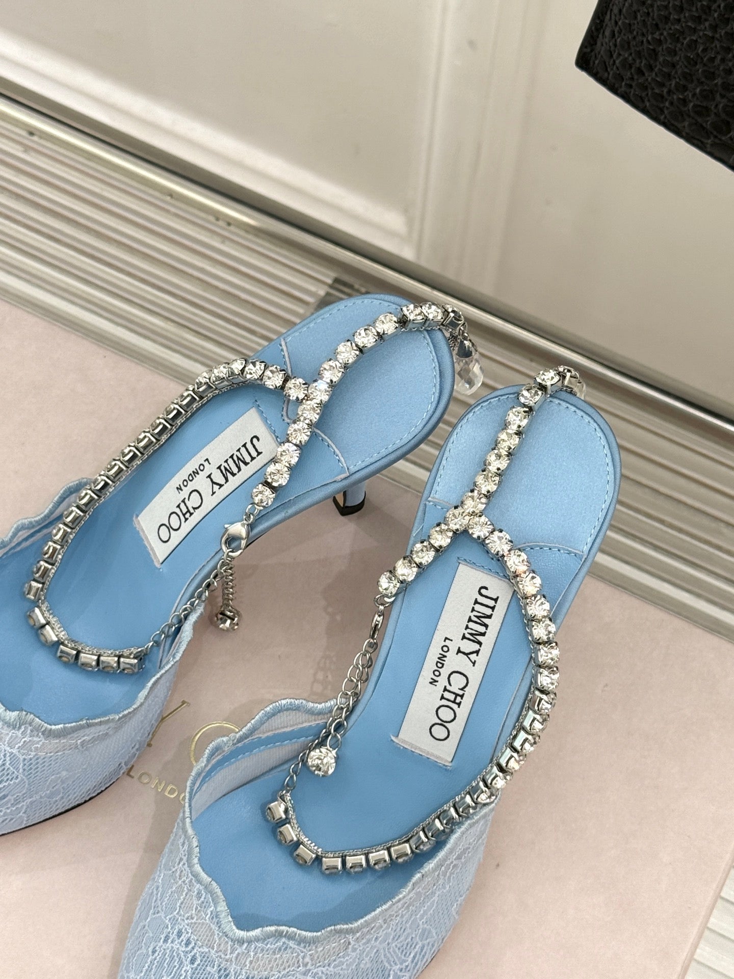 JIMMY CHOO 26S EMBELLISHED HIGH-HEEL SANDALS 85 MM IN BLUE LACE
