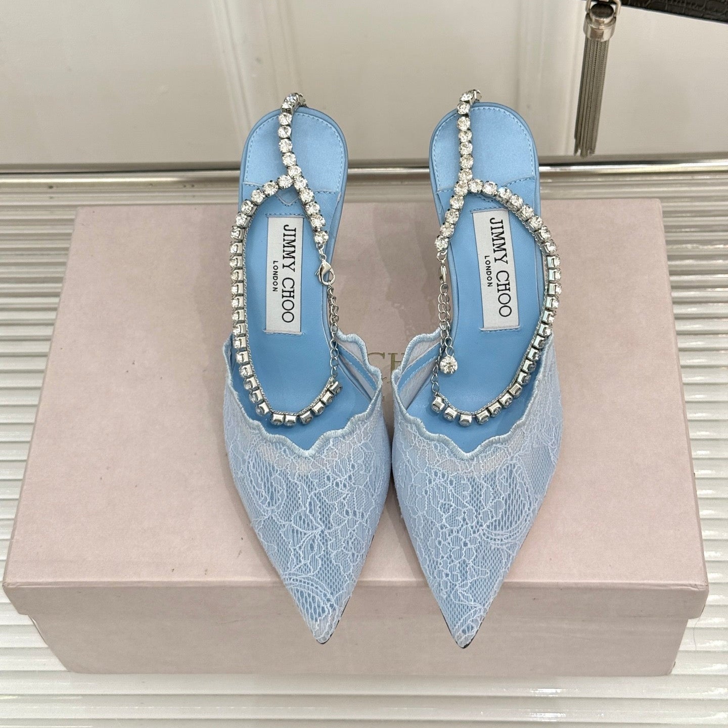 JIMMY CHOO 26S EMBELLISHED HIGH-HEEL SANDALS 85 MM IN BLUE LACE