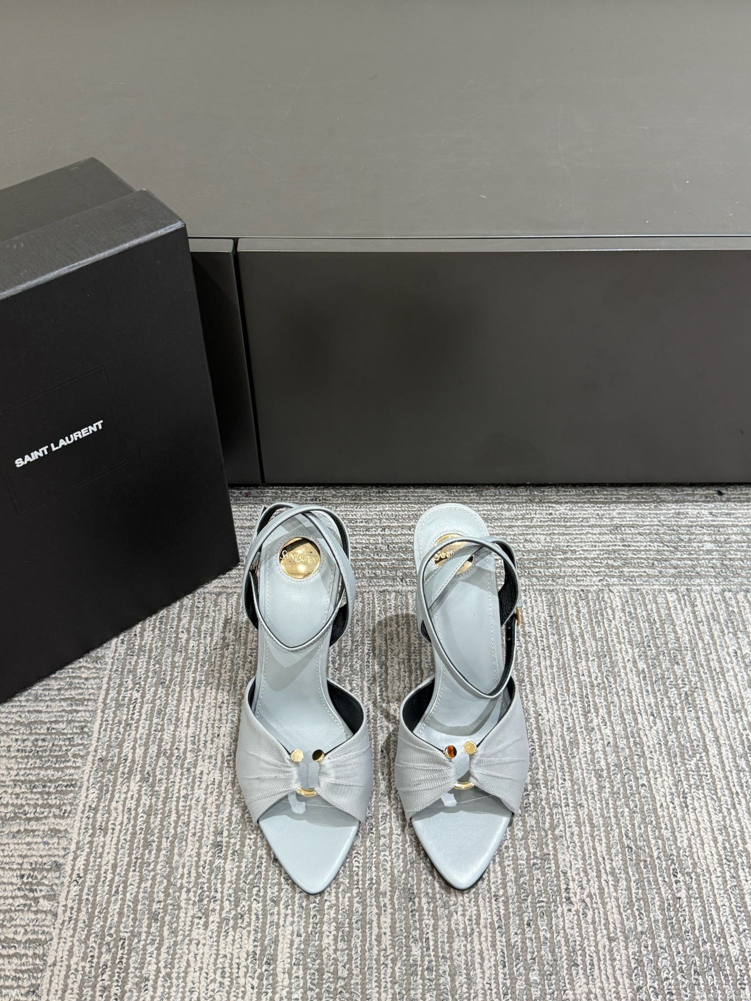 YSL HEELED SANDALS 25S 100 MM IN LIGHT SLATE BLUE LAMBSKIN