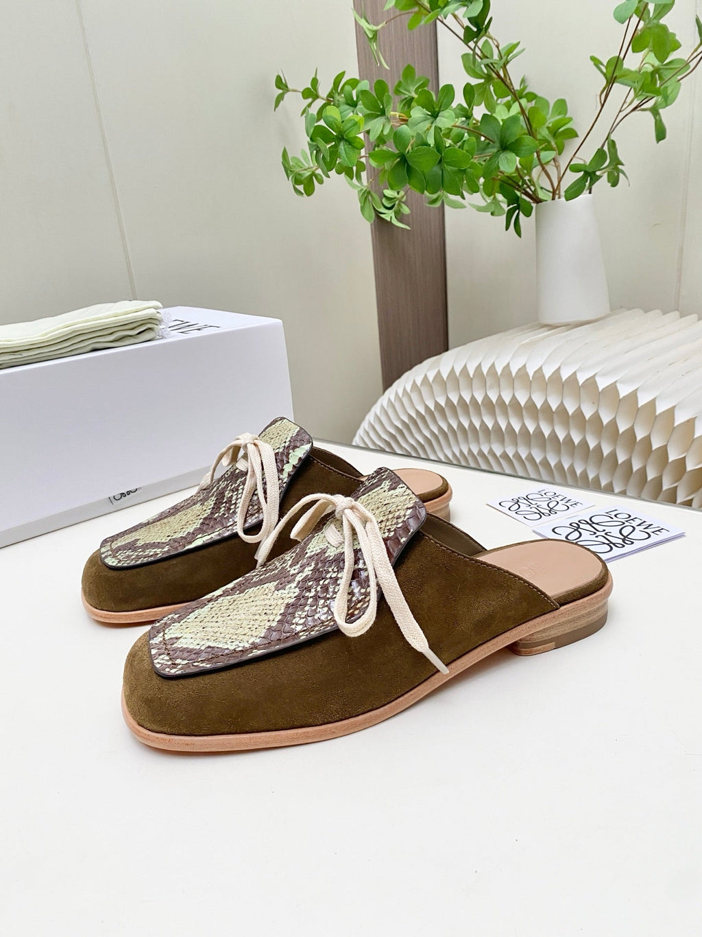 LOEWE 26S FLAT MULES IN SNAKESKIN-EMBOSSED CALFSKIN AND BROWN SUEDE