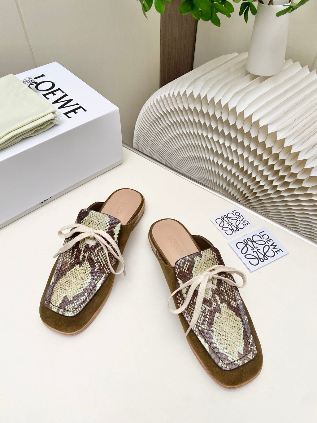 LOEWE 26S FLAT MULES IN SNAKESKIN-EMBOSSED CALFSKIN AND BROWN SUEDE