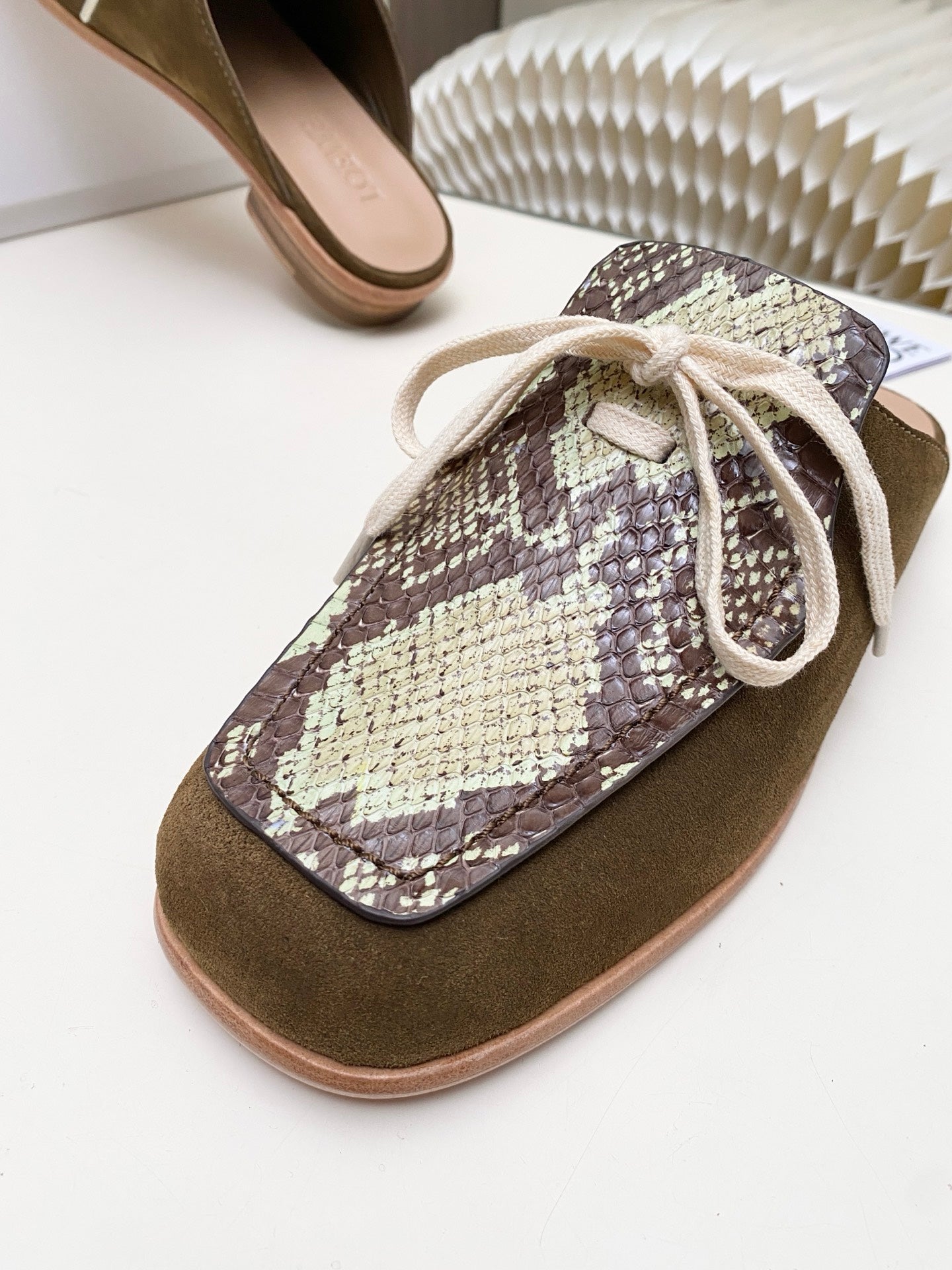 LOEWE 26S FLAT MULES IN SNAKESKIN-EMBOSSED CALFSKIN AND BROWN SUEDE