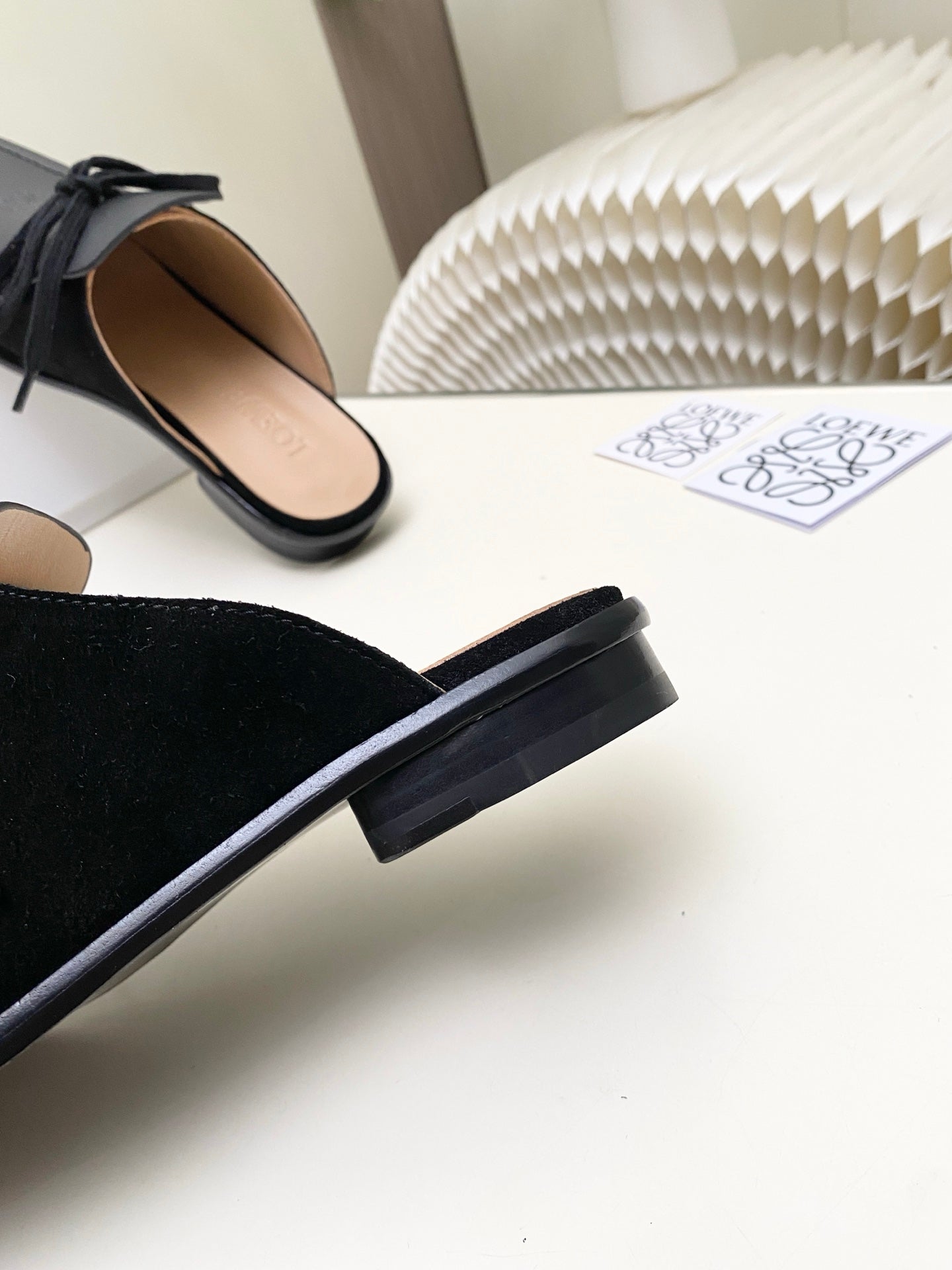 LOEWE 26S FLAT MULES IN BLACK CALFSKIN AND SUEDE