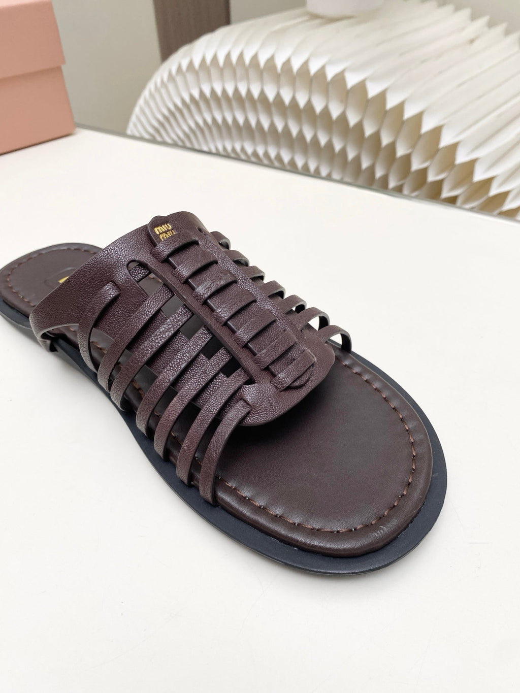 MIUMIU 26S SLIDES SANDAL IN DARK BROWN CALFSKIN