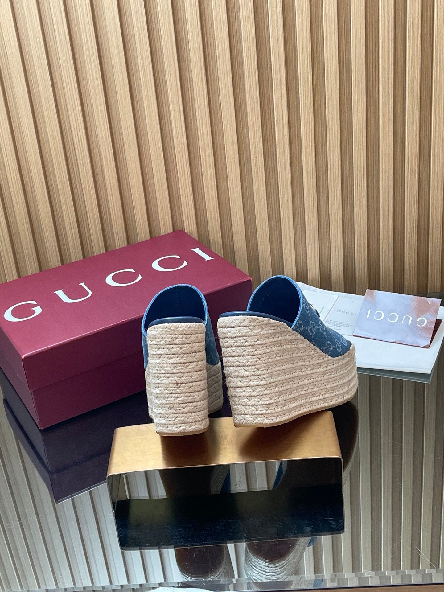 GUCCI 26S WEDGE SANDALS 110 MM IN BLUE CANVAS GG MONOGRAM